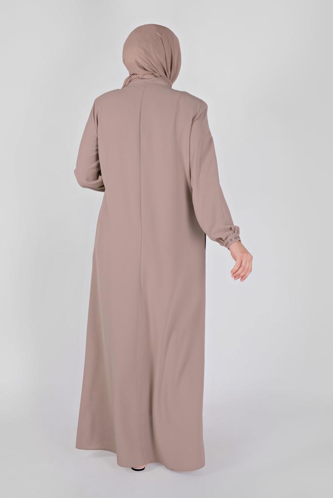 Tesettür giyim PUDRA NAKIŞLI FERMUARLI PARDESÜ 10355 - ALVİNA