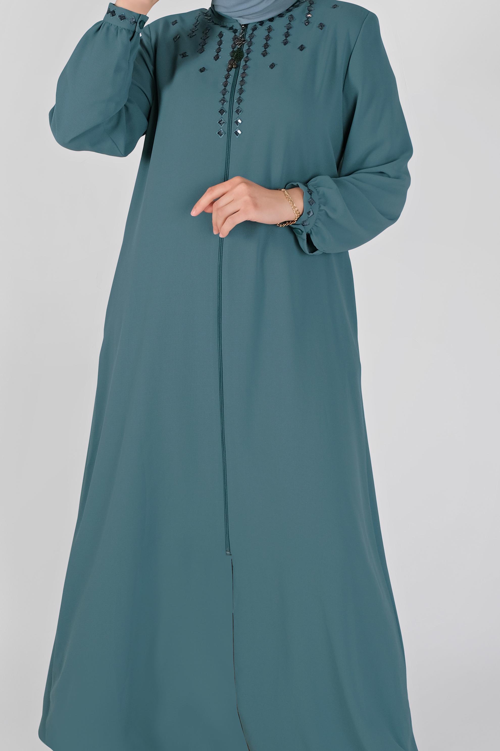 Hijab clothing BLUE EMBROIDERED ZIPPER TOPCOAT 10355