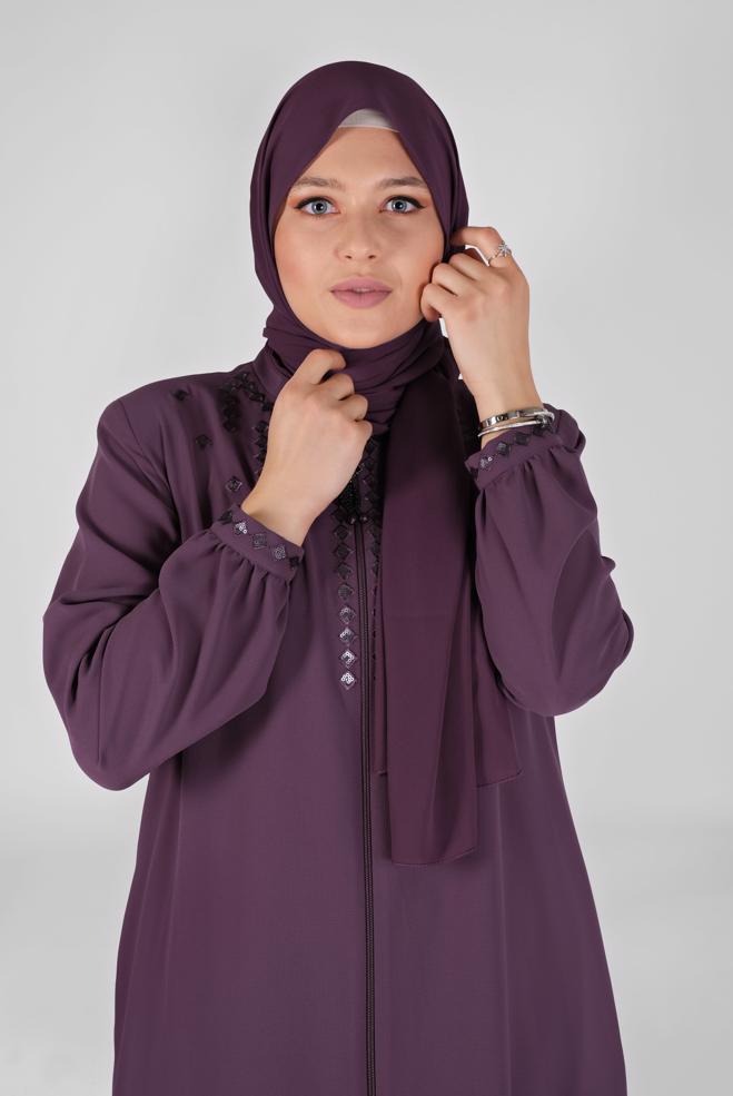 Vêtements hijab POURPRE COUCHE DE FINITION BRODÉE À FERMETURE ÉCLAIR 10355 - ALVİNA