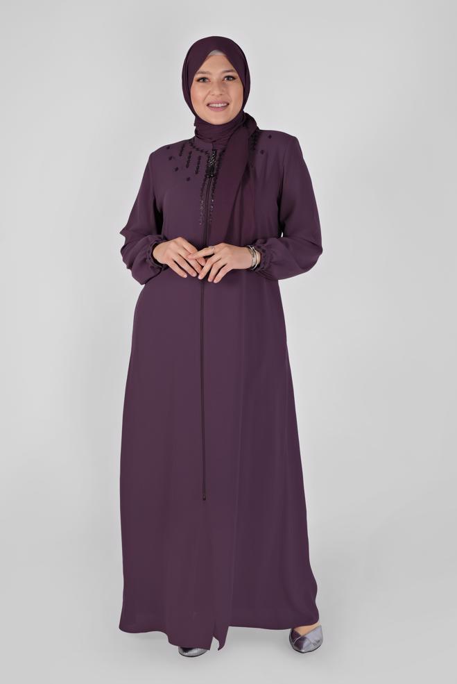 Vêtements hijab POURPRE COUCHE DE FINITION BRODÉE À FERMETURE ÉCLAIR 10355 - ALVİNA
