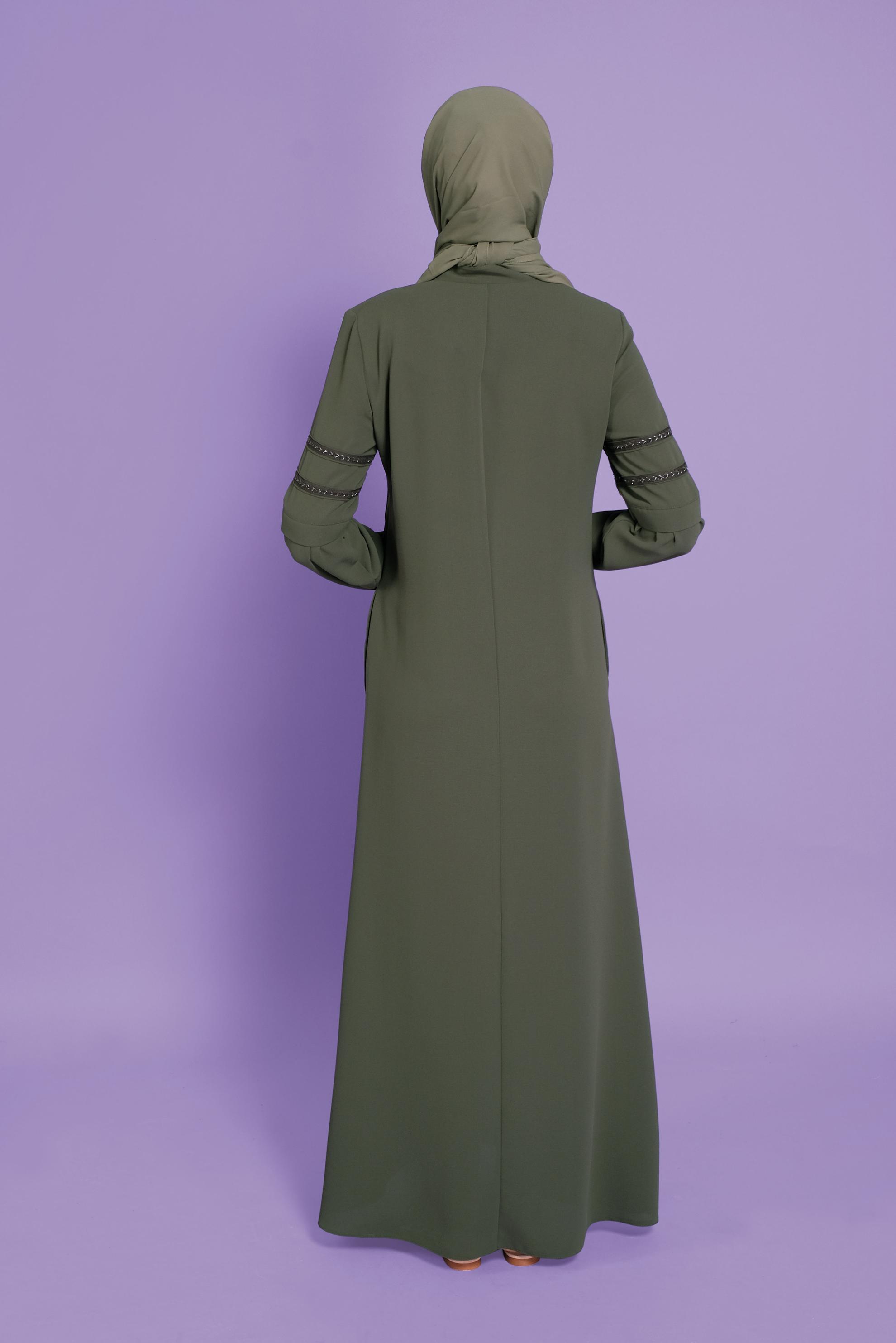 Tesettür giyim HAKİ ŞERİT DETAYLI FERMUARLI PARDESÜ 10356 