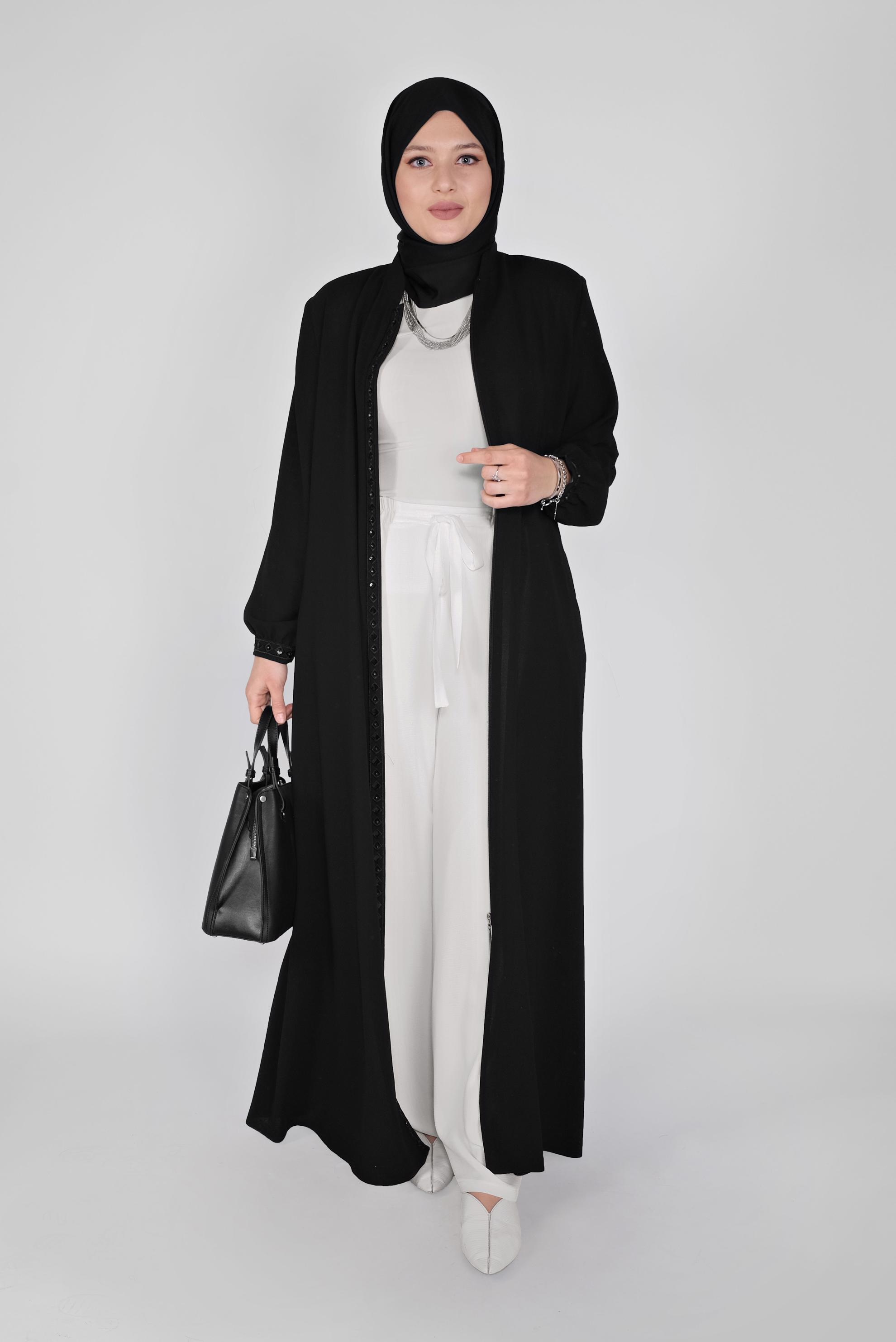 Hijab clothing BLACK SEQUINED EMBROIDERED TOPCOAT 10358  