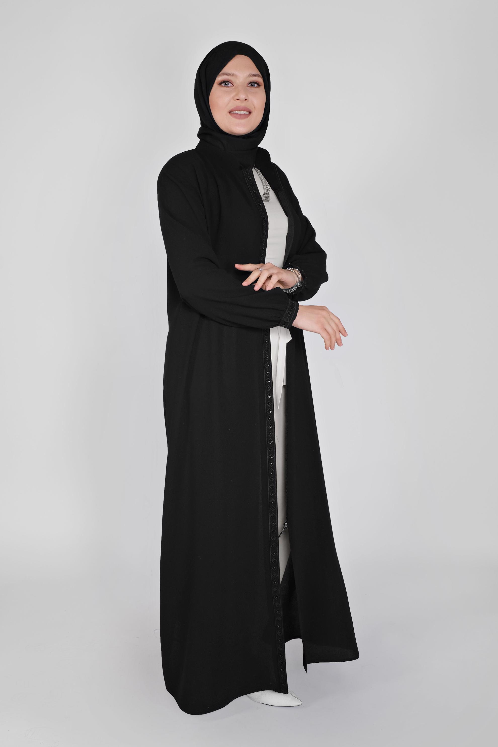 Hijab clothing BLACK SEQUINED EMBROIDERED TOPCOAT 10358  