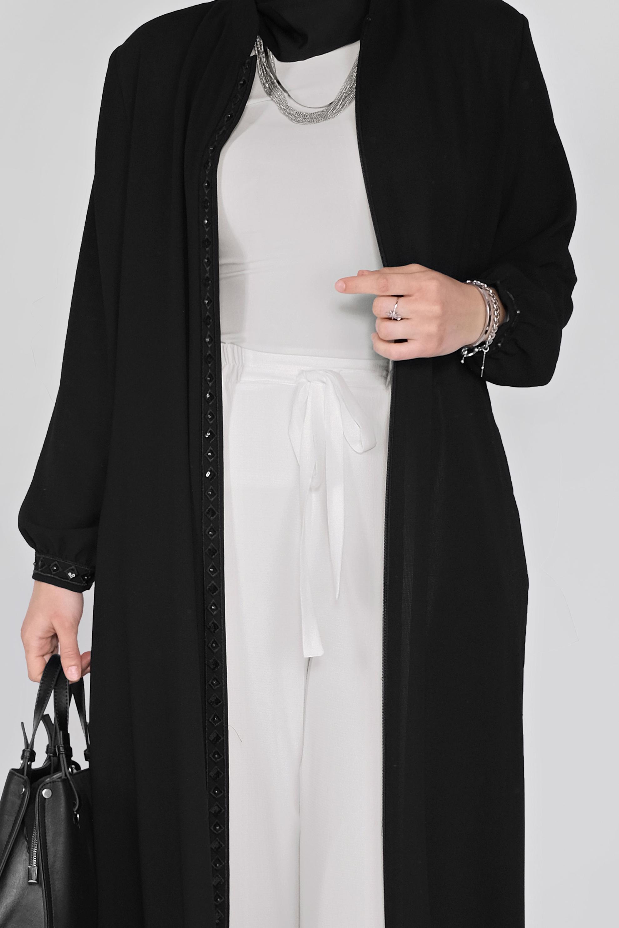 Hijab clothing BLACK SEQUINED EMBROIDERED TOPCOAT 10358  