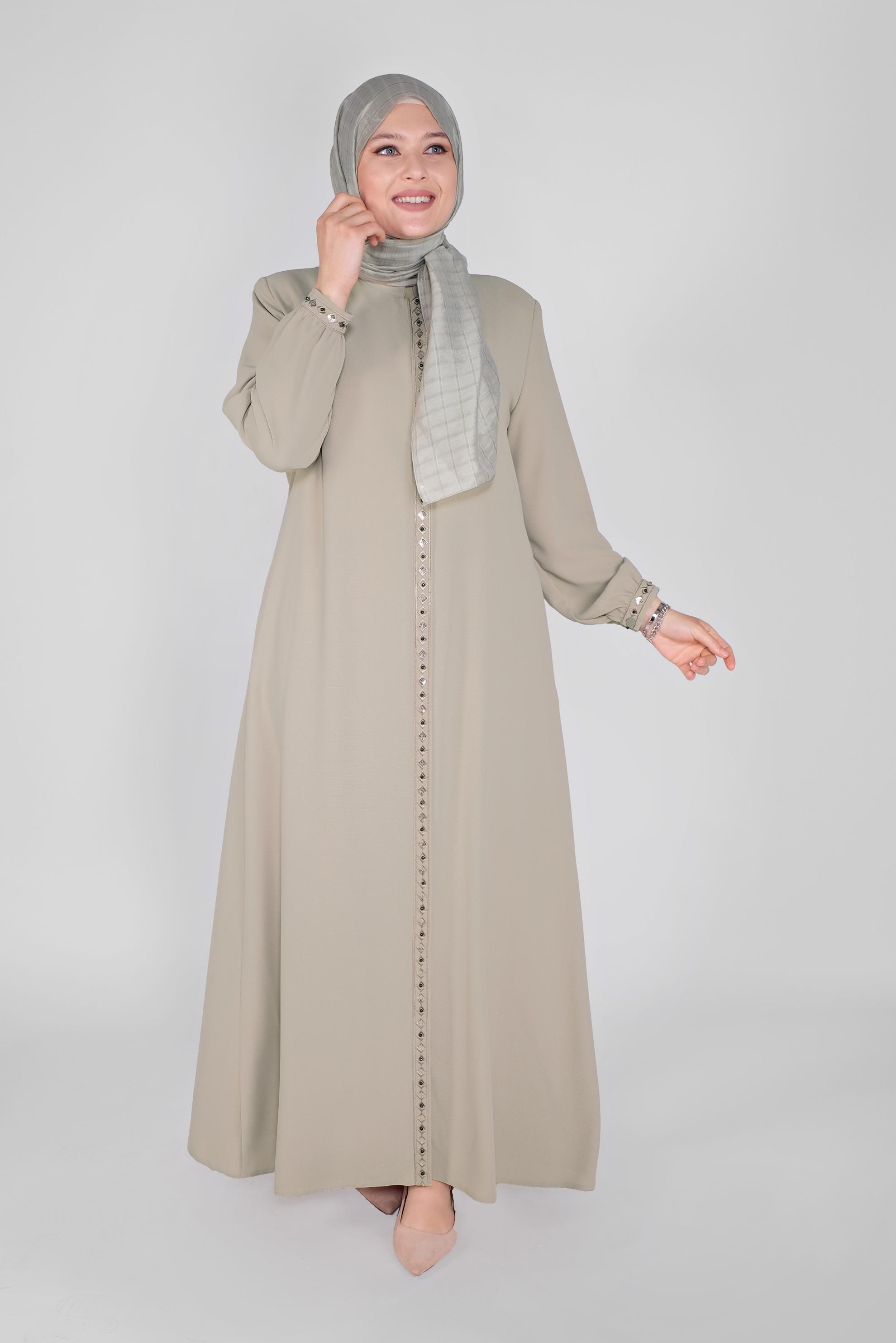 Hijab clothing BEIGE SEQUINED EMBROIDERED TOPCOAT 10358  