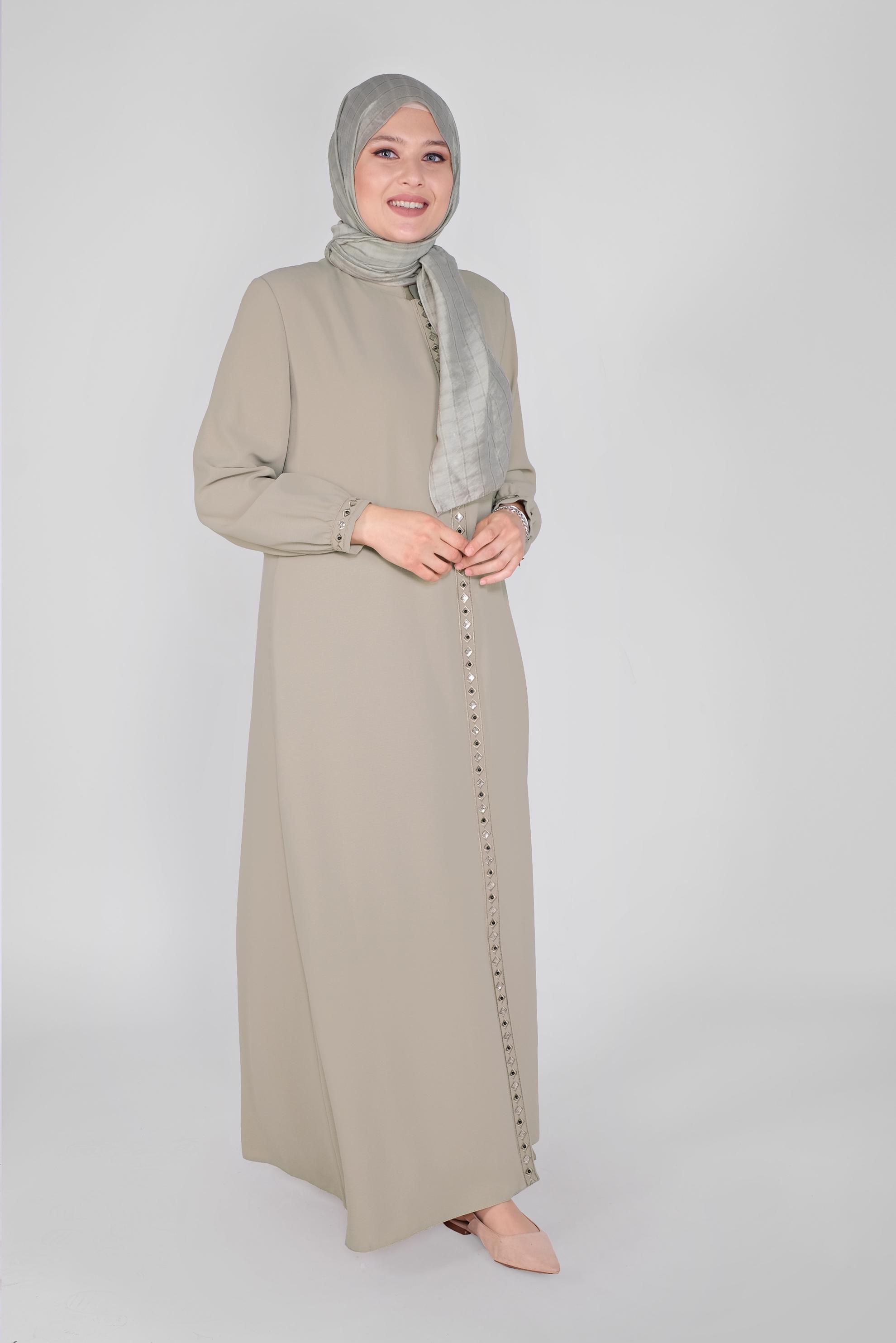 Hijab clothing BEIGE SEQUINED EMBROIDERED TOPCOAT 10358  