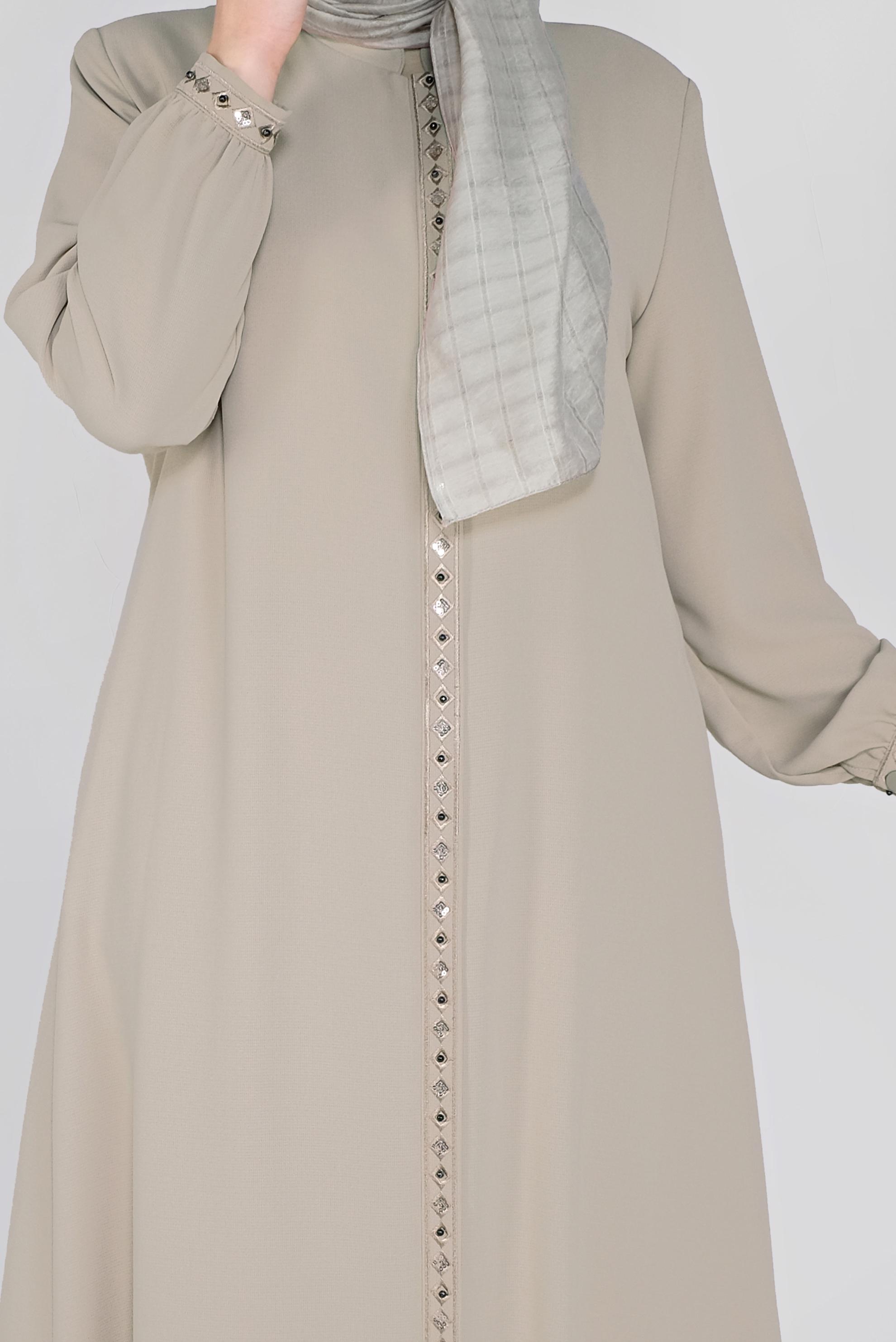 Hijab clothing BEIGE SEQUINED EMBROIDERED TOPCOAT 10358  