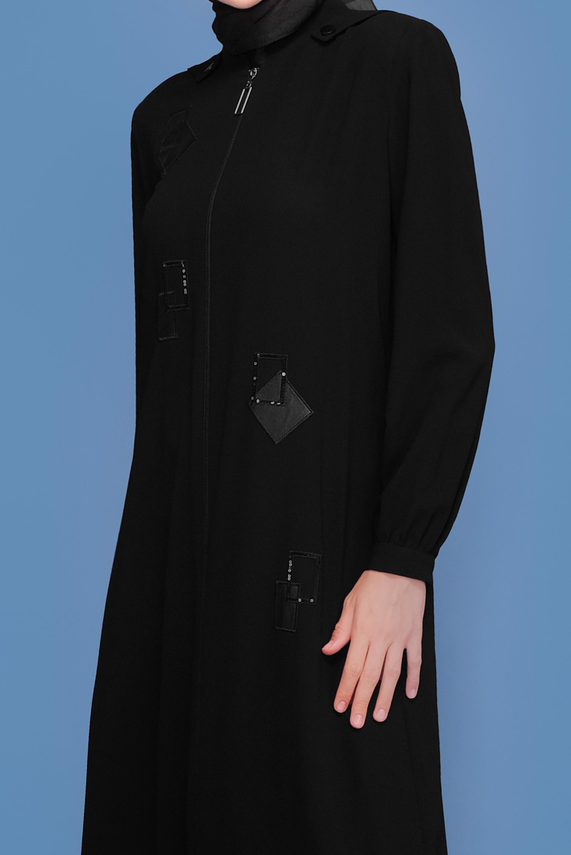 Tesettür giyim SİYAH PULLU NAKIŞLI CEP DETAYLI PARDESÜ 10359 