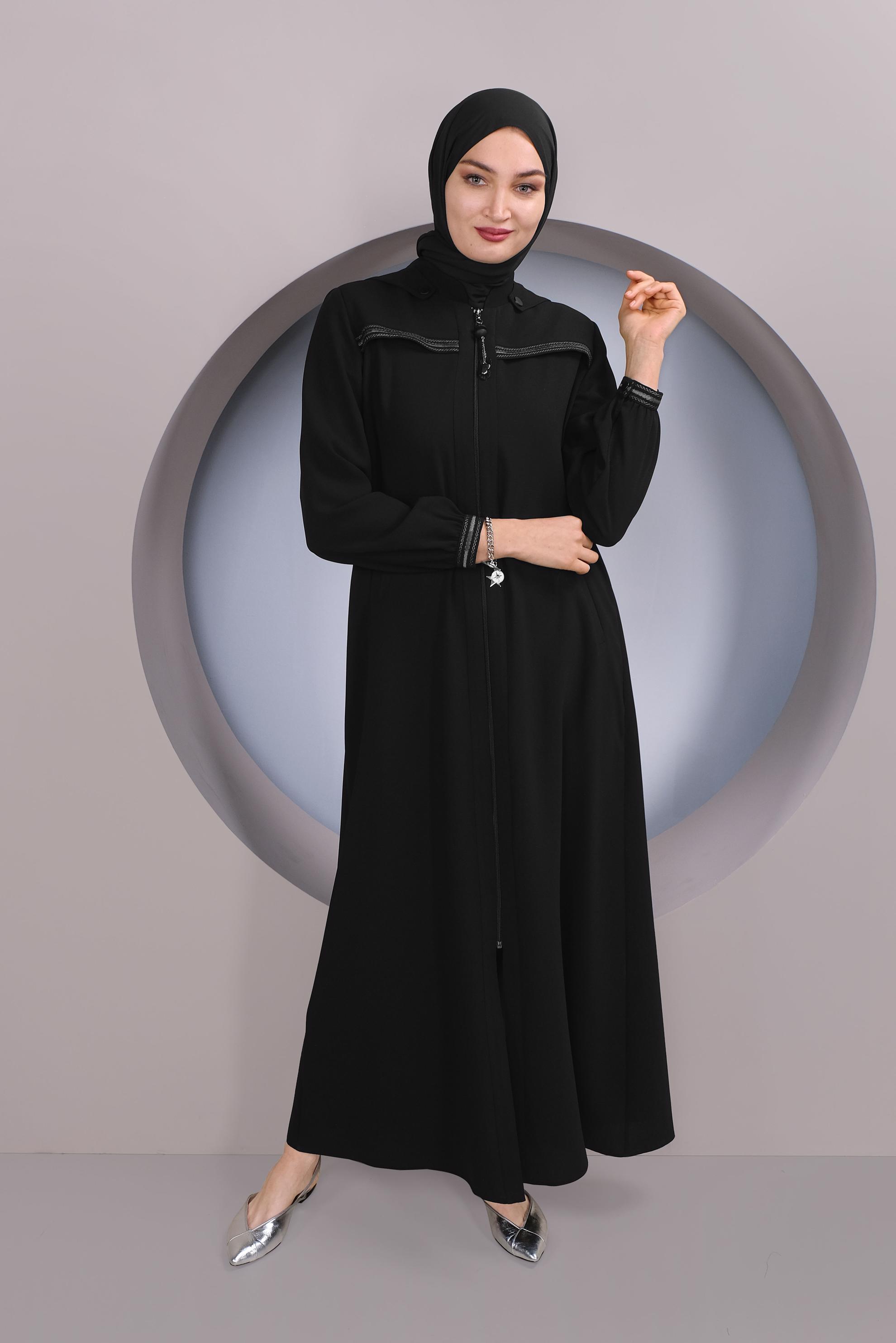 Tesettür giyim SİYAH FERMUARLI KAPÜŞONLU PARDESÜ 10363