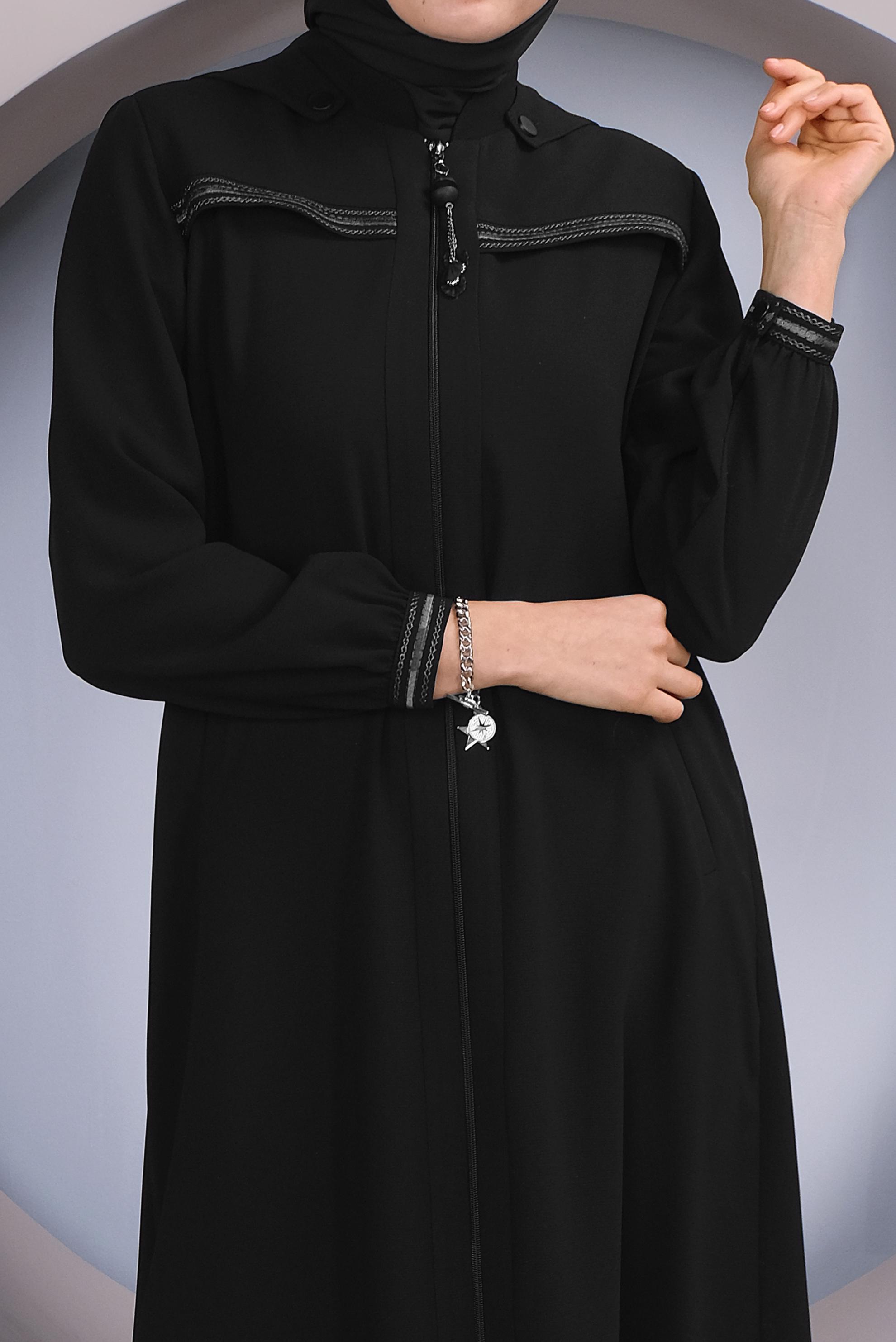 Tesettür giyim SİYAH FERMUARLI KAPÜŞONLU PARDESÜ 10363