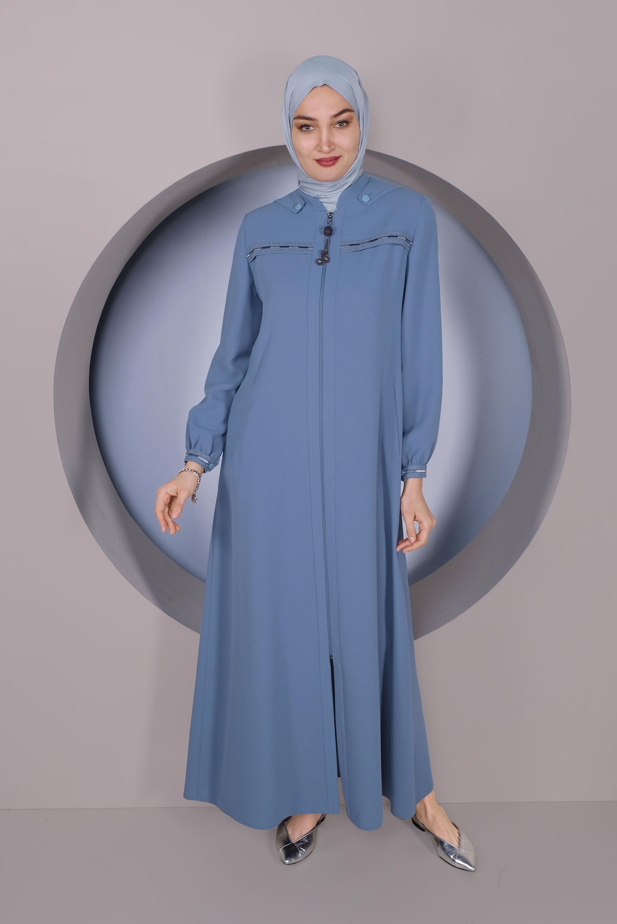 Tesettür giyim MAVİ FERMUARLI KAPÜŞONLU PARDESÜ 10363
