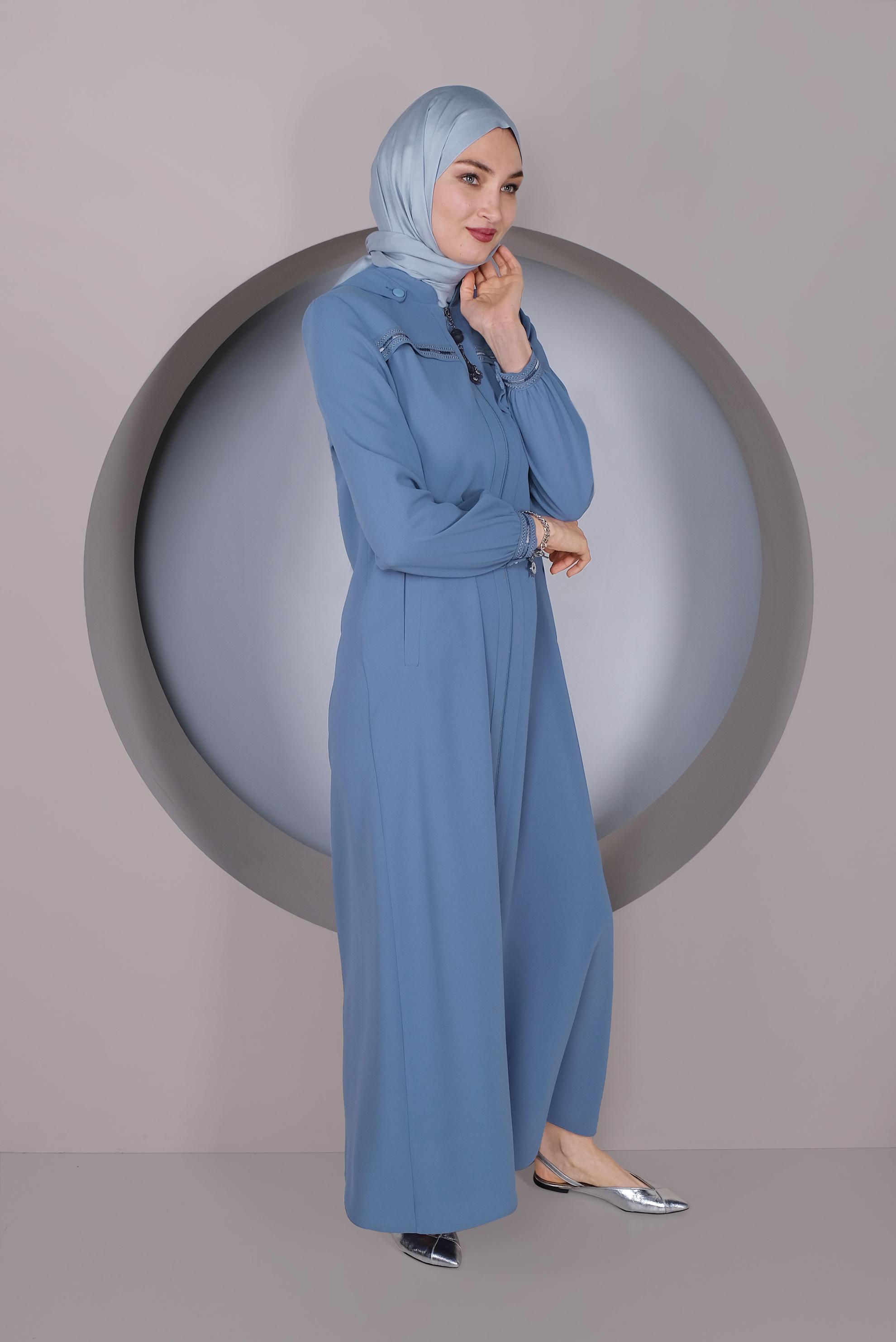 Tesettür giyim MAVİ FERMUARLI KAPÜŞONLU PARDESÜ 10363