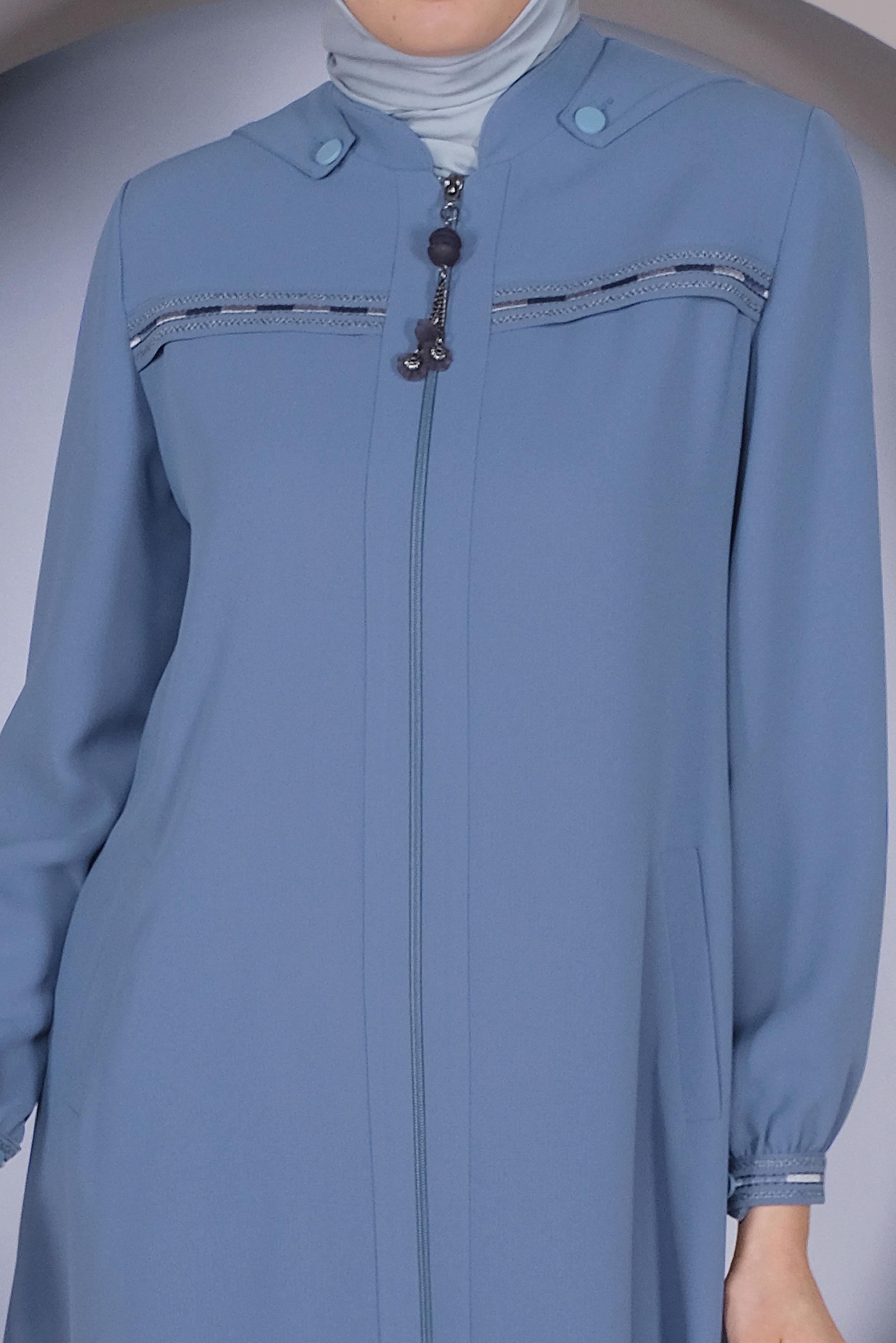 Tesettür giyim MAVİ FERMUARLI KAPÜŞONLU PARDESÜ 10363