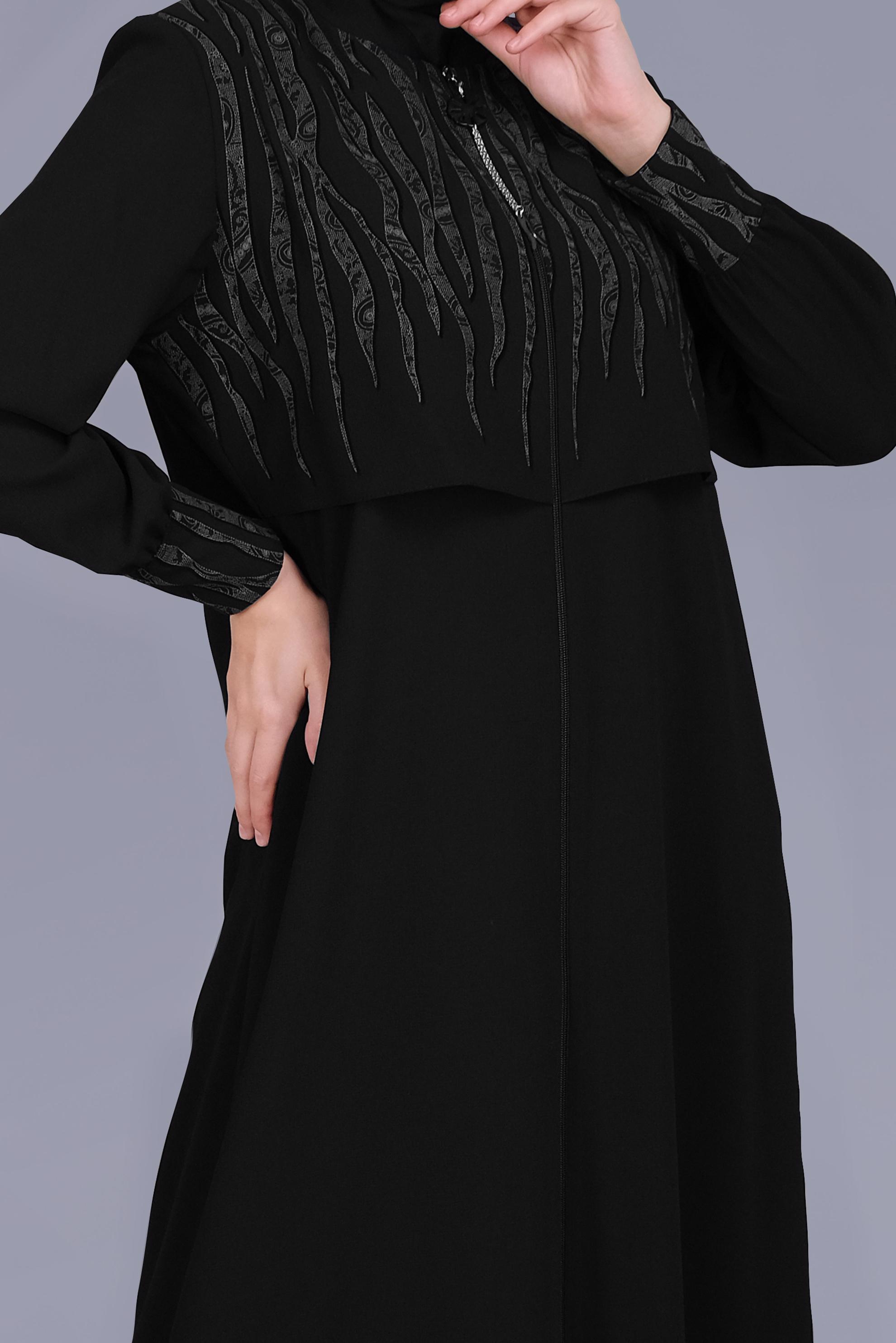 Tesettür giyim SİYAH BASKI DETAYLI FERMUARLI  PARDESÜ 10365