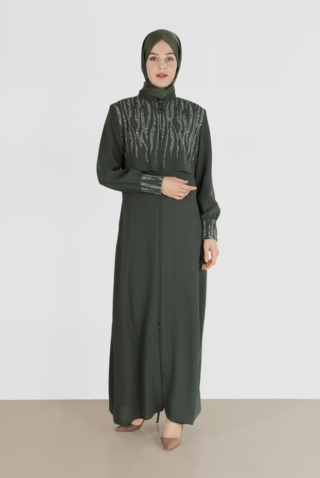 Vêtements hijab KAKI COUCHE DE FINITION FERMETURE ÉCLAIR AVEC DÉTAIL IMPRIMÉ 10365  - ALVİNA