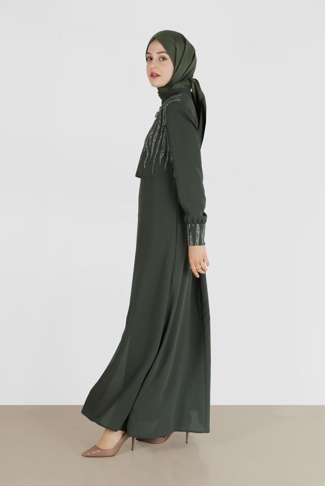 Vêtements hijab KAKI COUCHE DE FINITION FERMETURE ÉCLAIR AVEC DÉTAIL IMPRIMÉ 10365  - ALVİNA