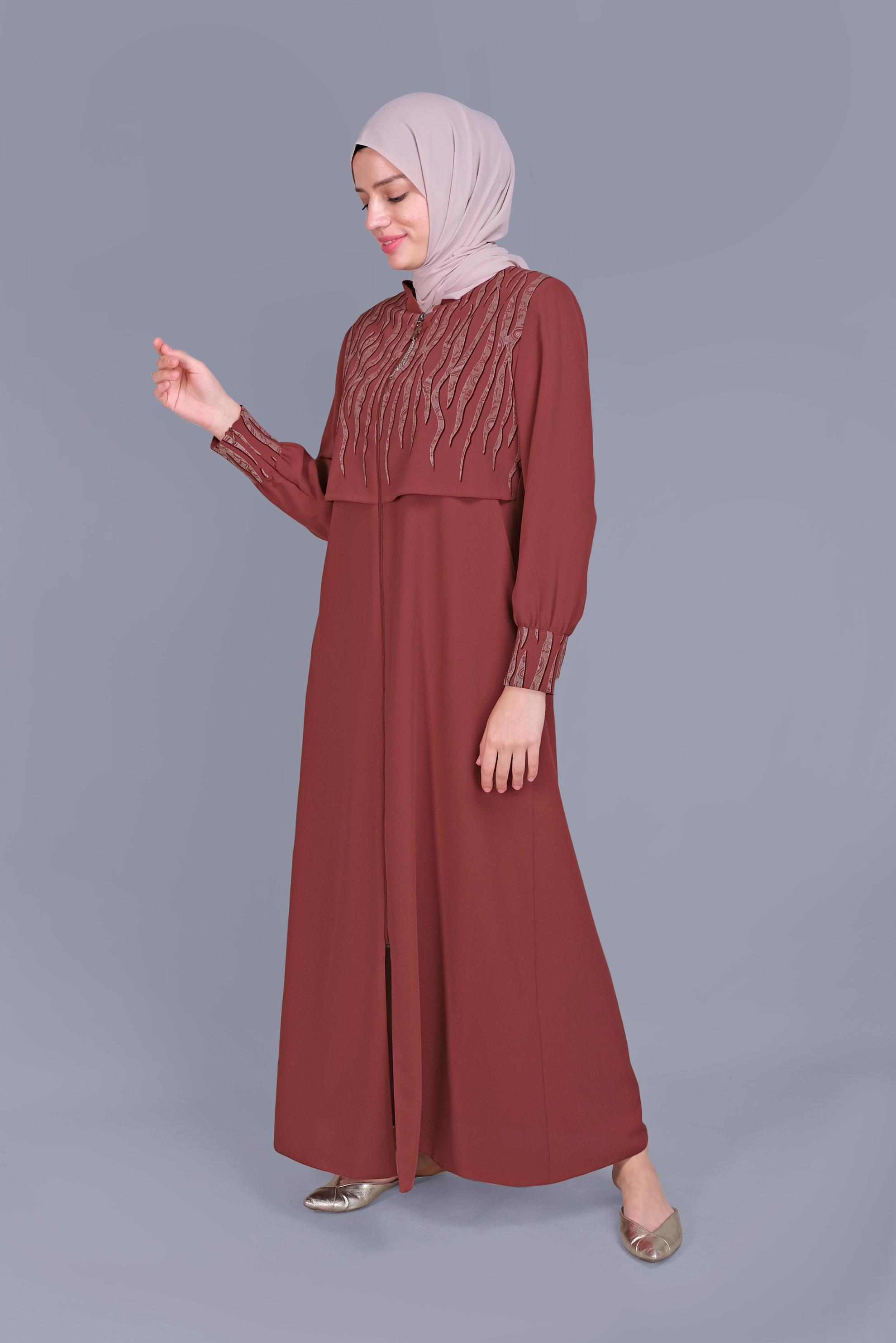 Hijab clothing ORANGE PRINT DETAILED ZIPPED TOPCOAT 10365 