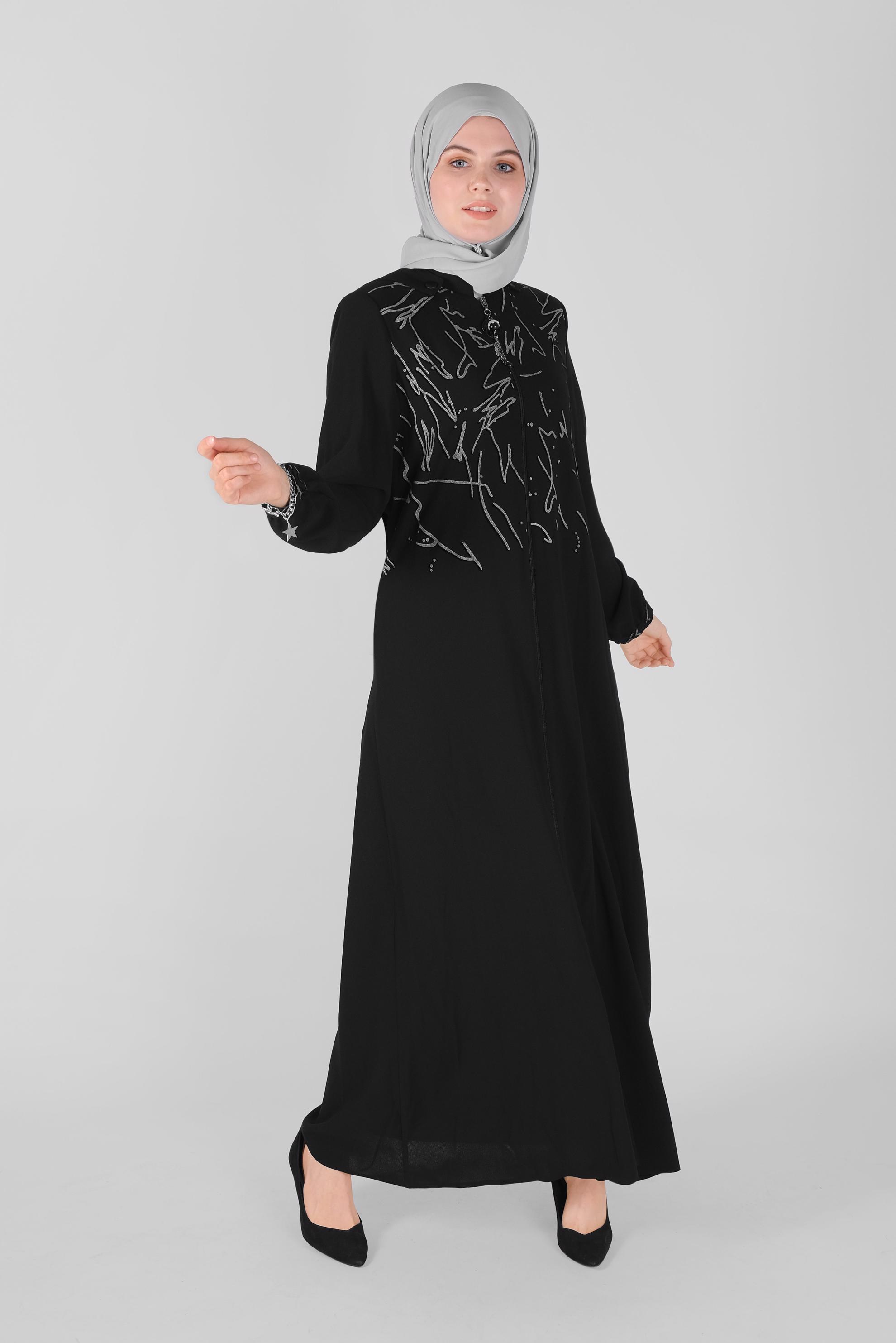 Tesettür giyim SİYAH BOYDAN FERMUARLI KAPÜŞONLU PARDESÜ 10366 