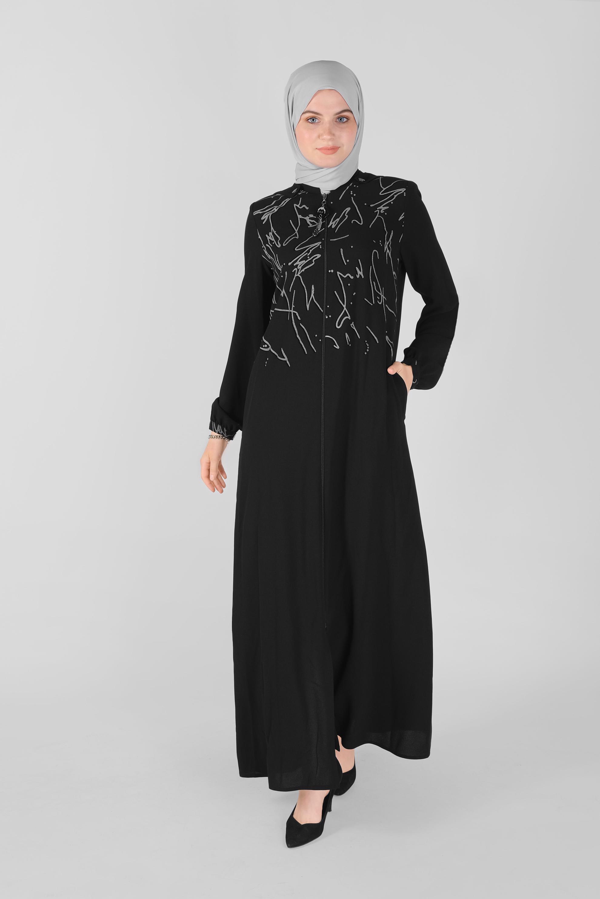 Tesettür giyim SİYAH BOYDAN FERMUARLI KAPÜŞONLU PARDESÜ 10366 