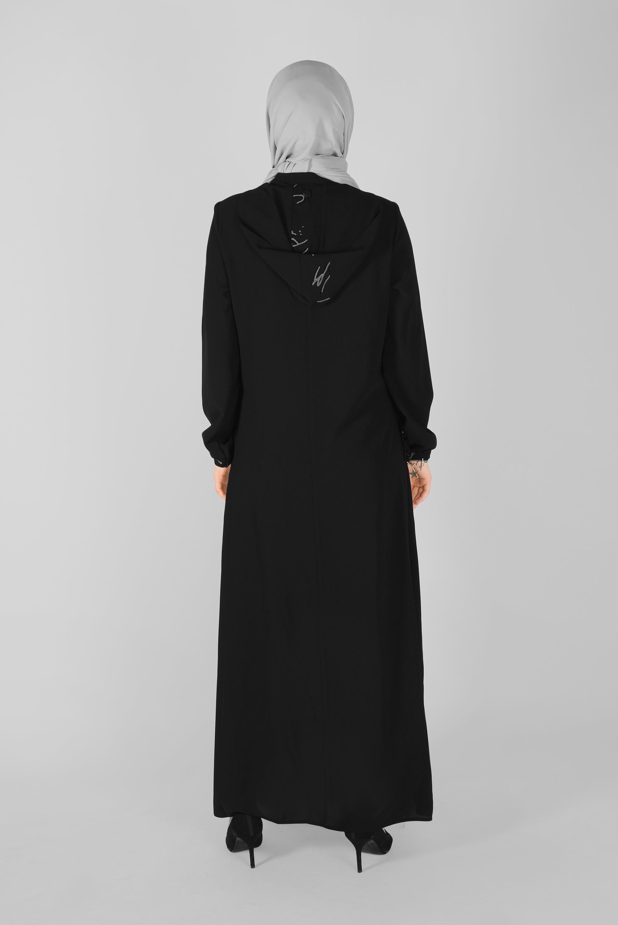 Tesettür giyim SİYAH BOYDAN FERMUARLI KAPÜŞONLU PARDESÜ 10366 