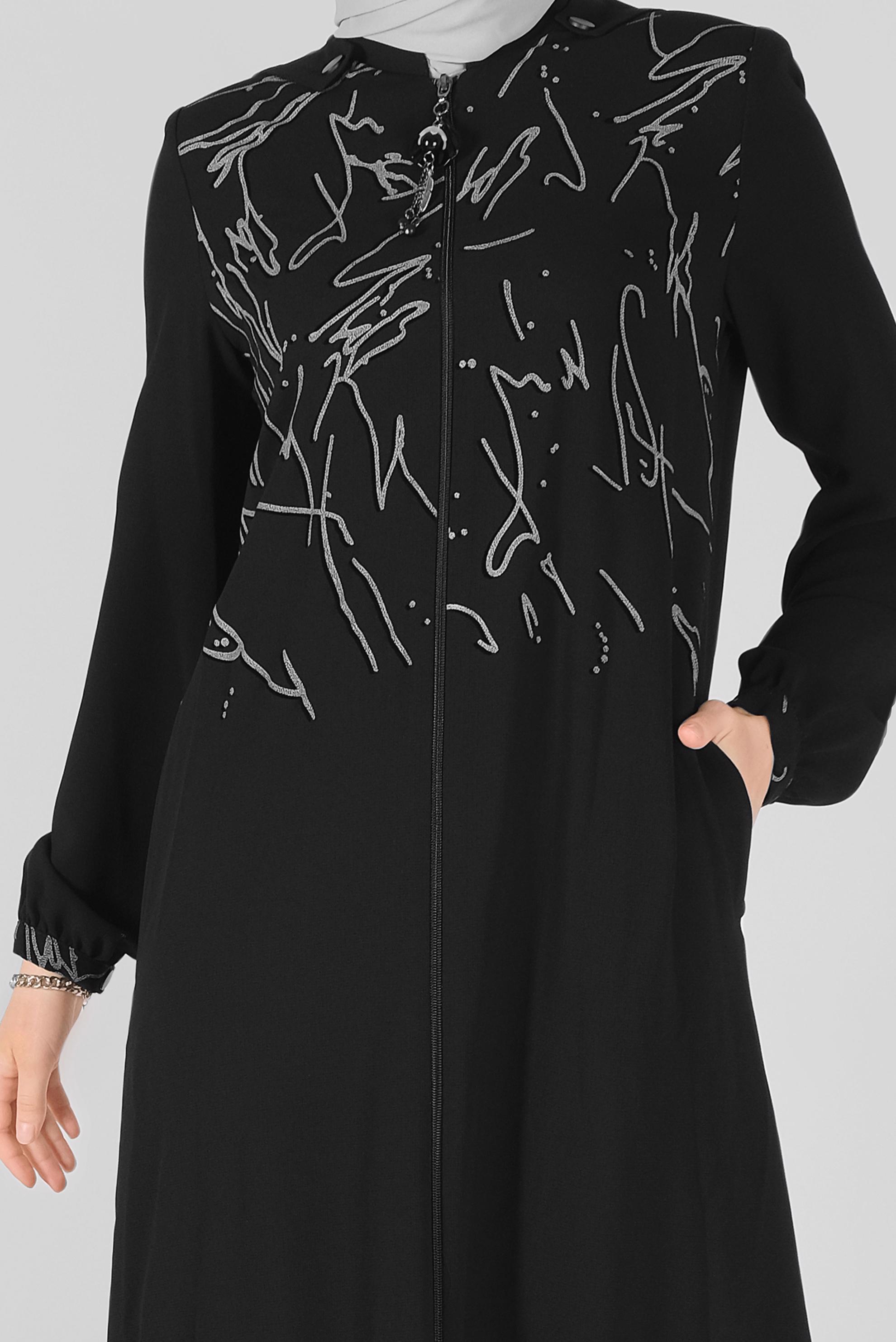 Tesettür giyim SİYAH BOYDAN FERMUARLI KAPÜŞONLU PARDESÜ 10366 