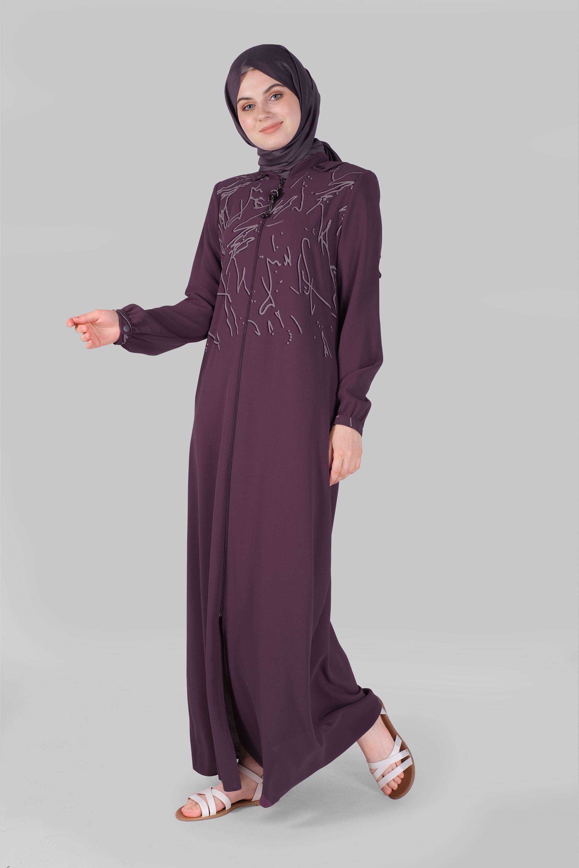 Tesettür giyim MOR BOYDAN FERMUARLI KAPÜŞONLU PARDESÜ 10366 