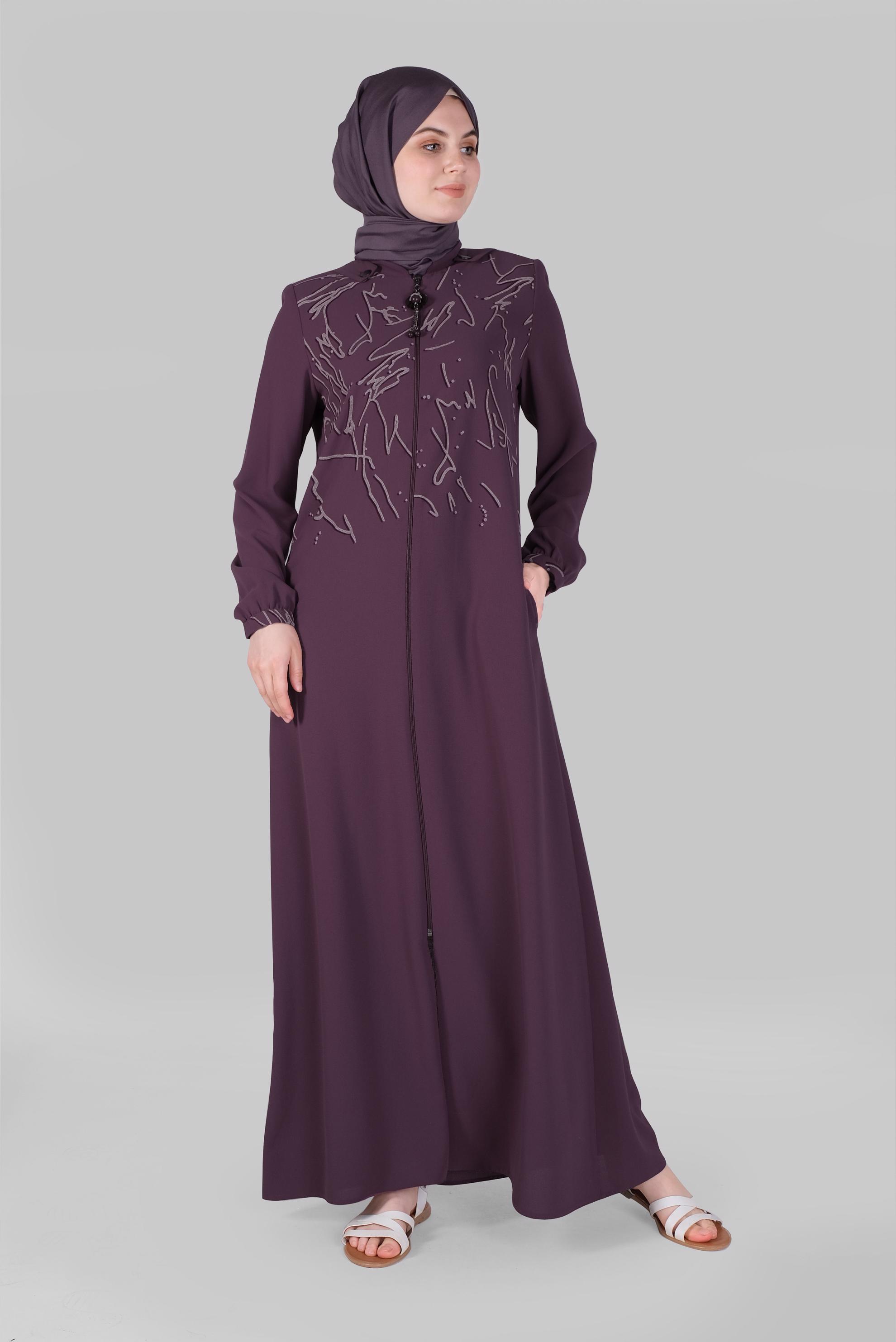 Tesettür giyim MOR BOYDAN FERMUARLI KAPÜŞONLU PARDESÜ 10366 