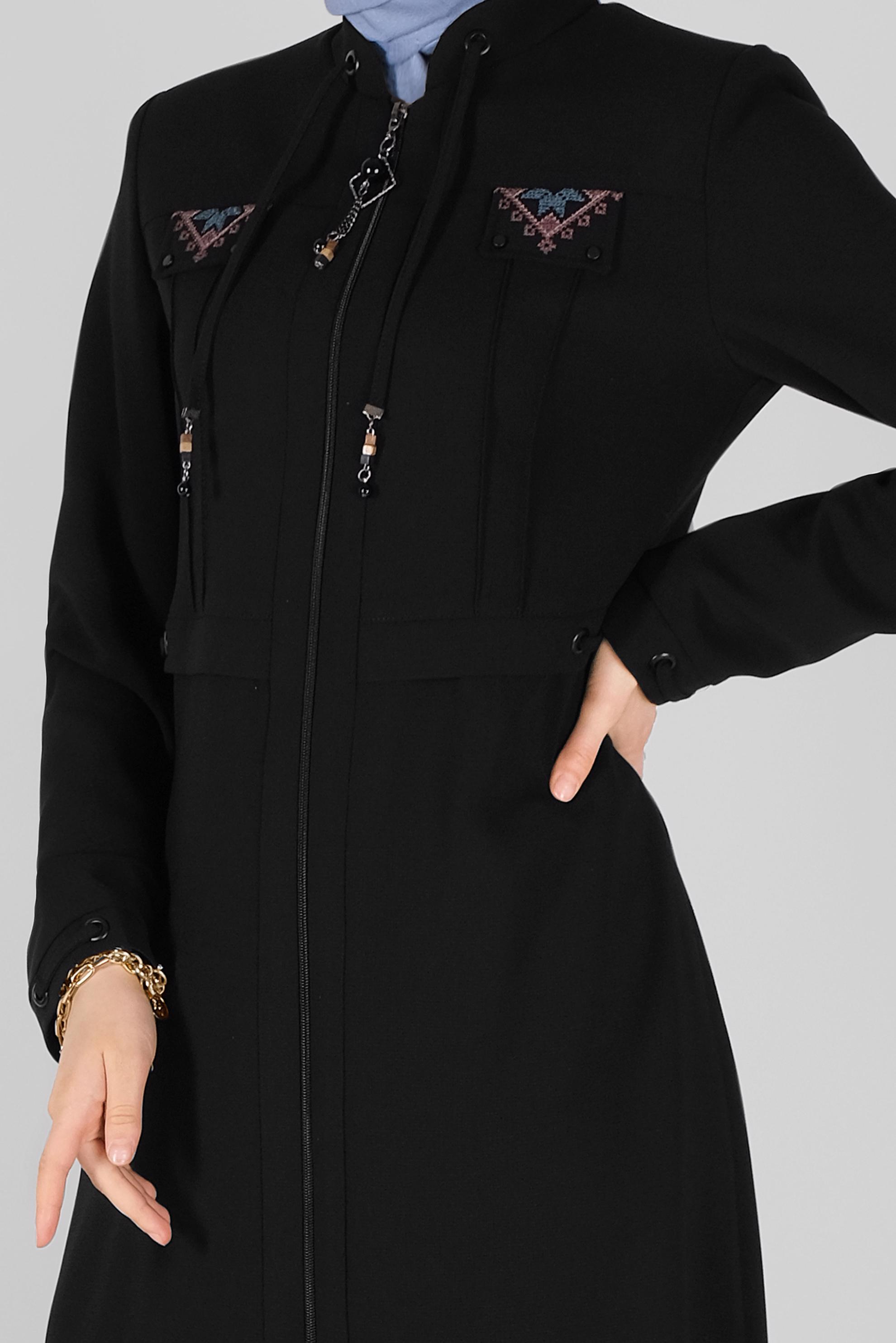 Tesettür giyim SİYAH NAKIŞLI FERMUARLI PARDESÜ 10367 