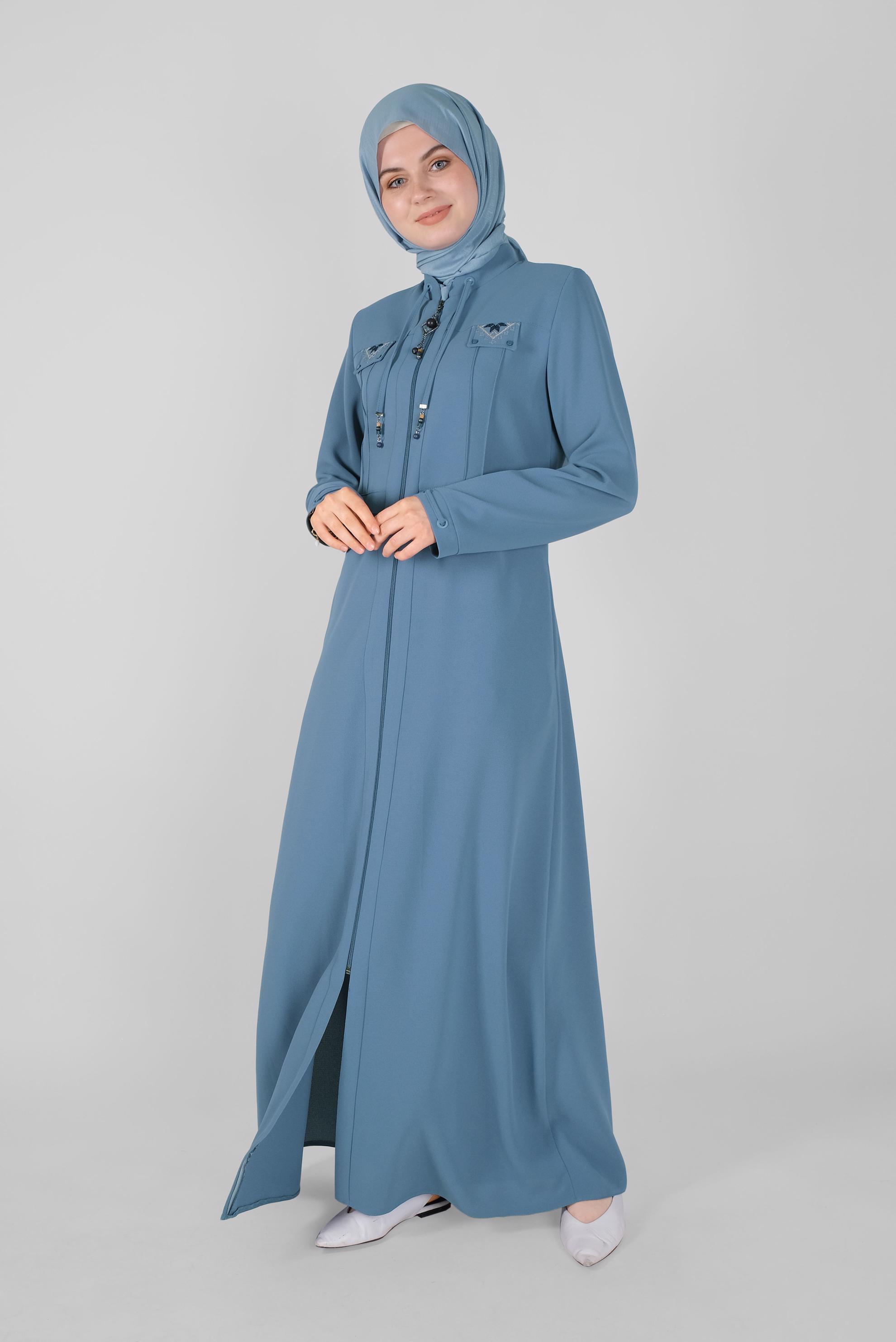 Tesettür giyim MAVİ NAKIŞLI FERMUARLI PARDESÜ 10367 