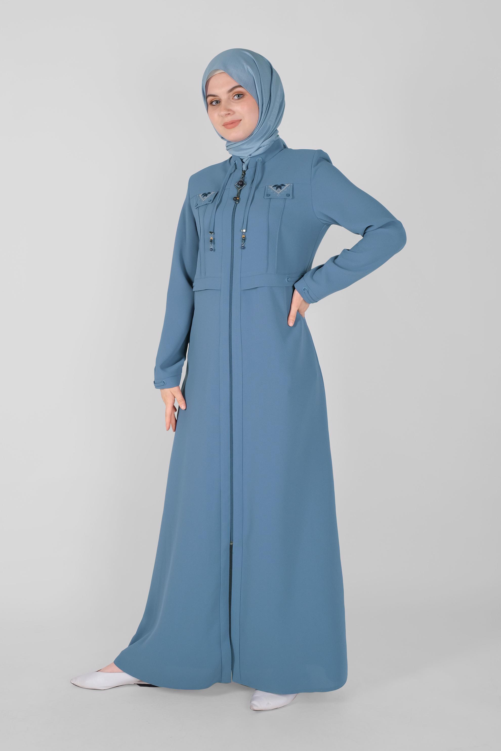 Tesettür giyim MAVİ NAKIŞLI FERMUARLI PARDESÜ 10367 