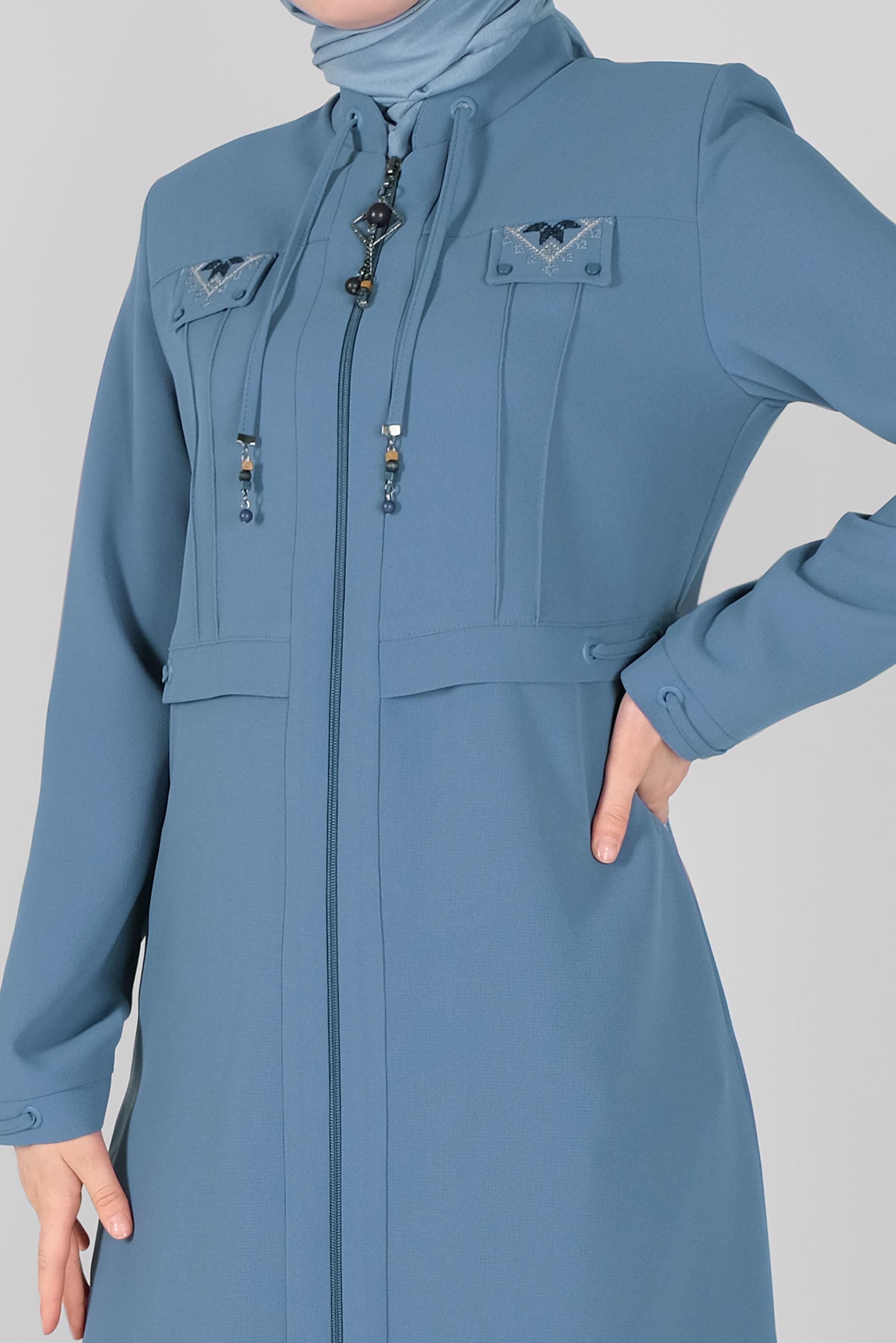 Tesettür giyim MAVİ NAKIŞLI FERMUARLI PARDESÜ 10367 