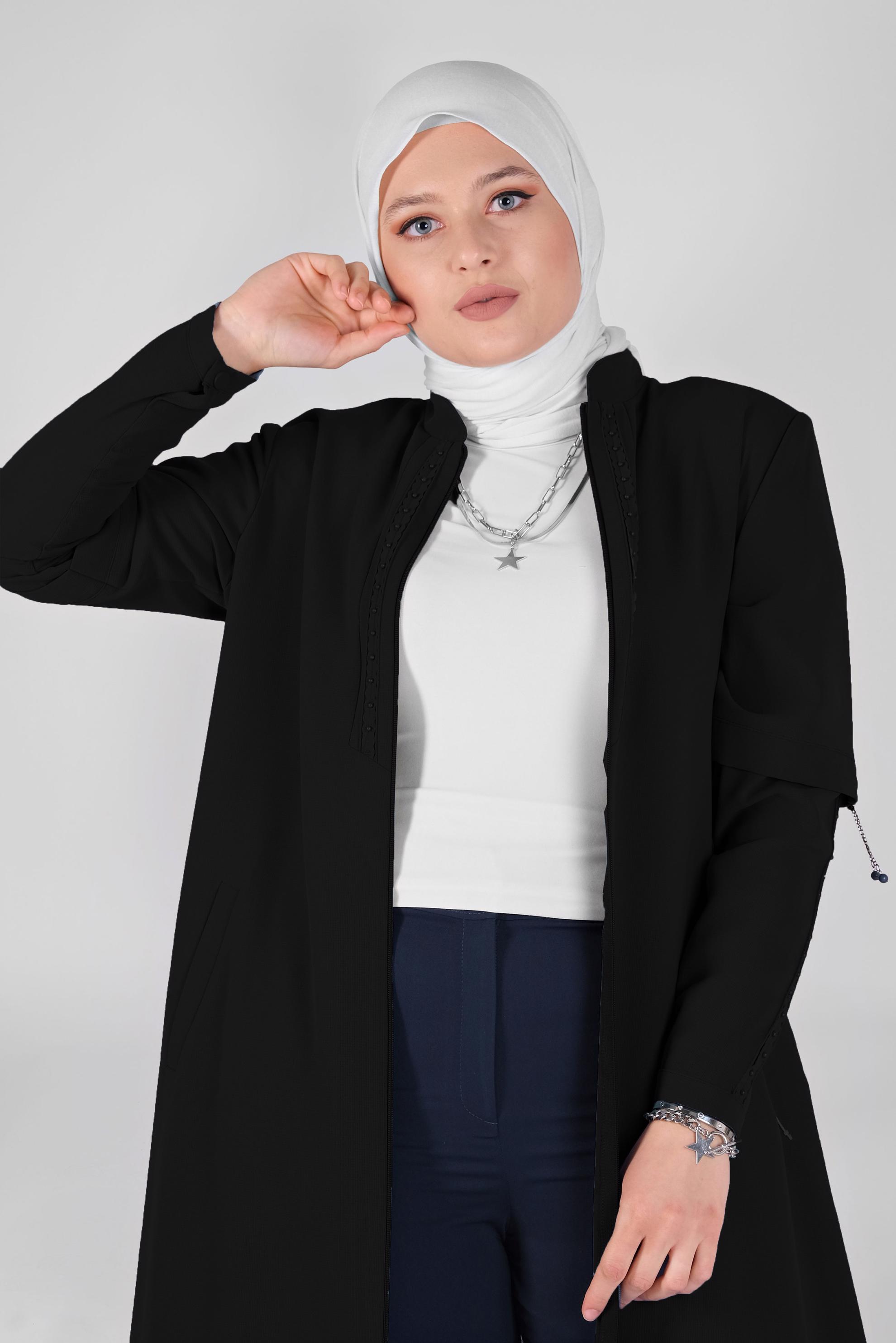 Tesettür giyim SİYAH HAKİM YAKA BONCUK İŞLEMELİ PARDESÜ 10368 