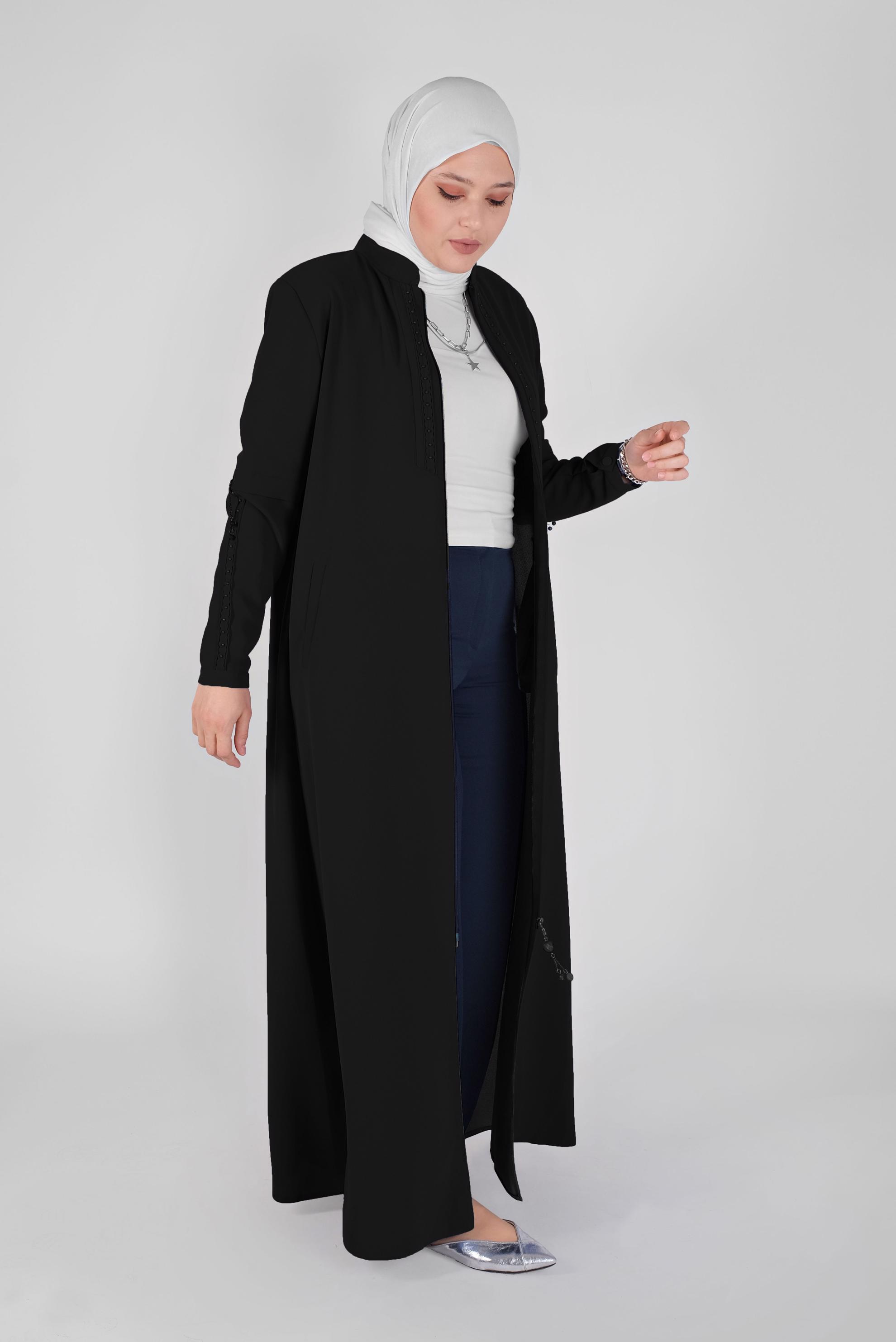 Tesettür giyim SİYAH HAKİM YAKA BONCUK İŞLEMELİ PARDESÜ 10368 