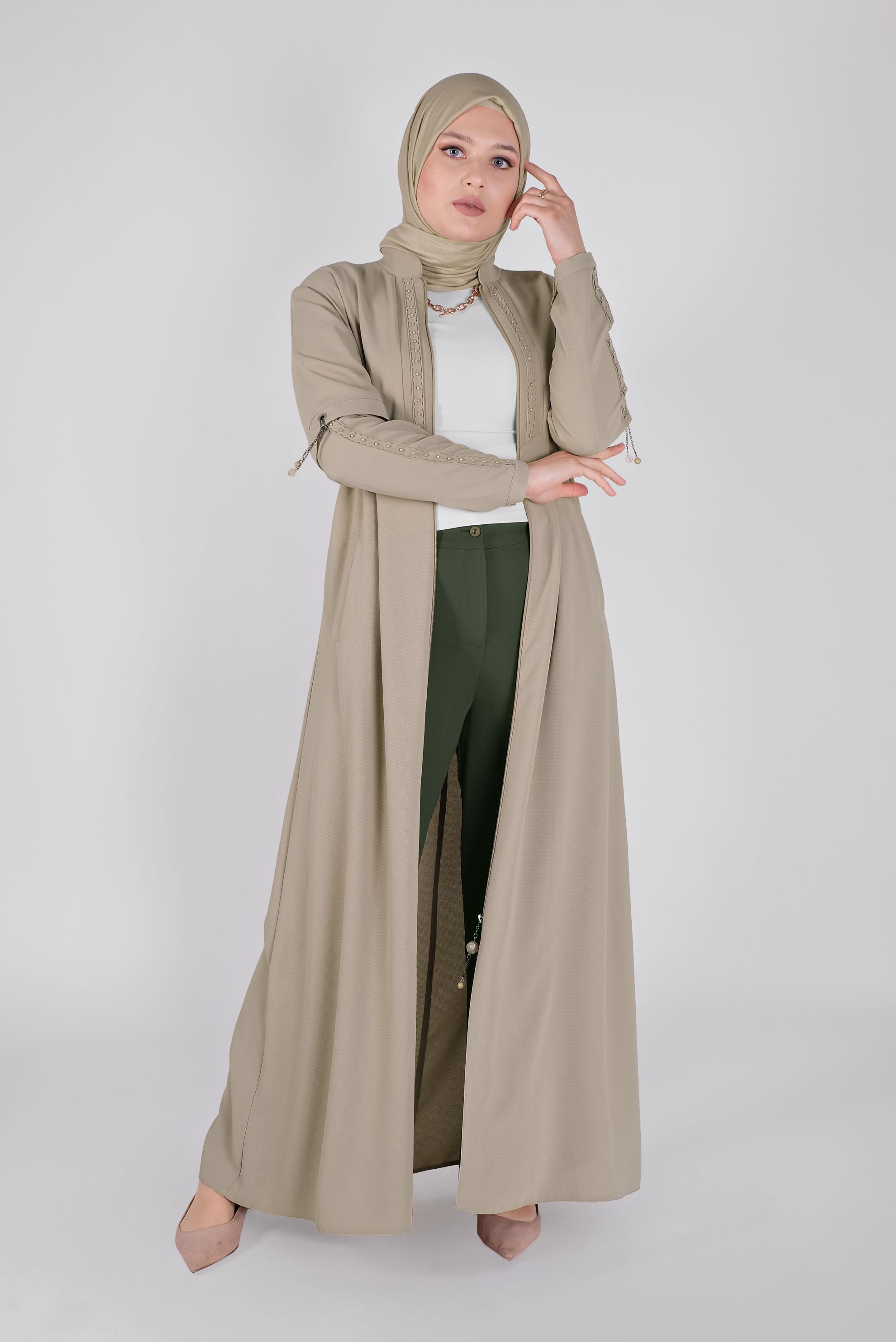 Tesettür giyim BEJ HAKİM YAKA BONCUK İŞLEMELİ PARDESÜ 10368 