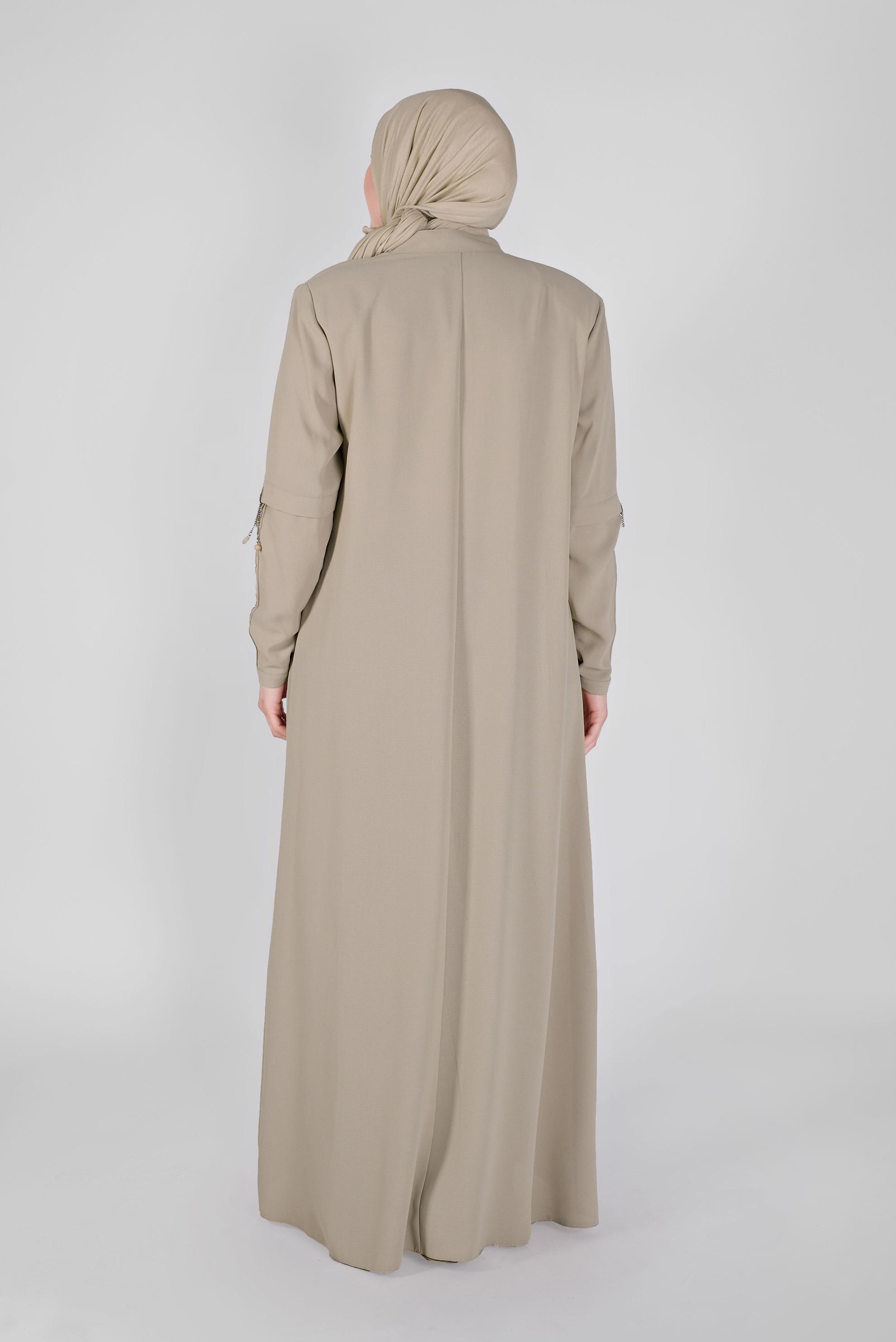 Tesettür giyim BEJ HAKİM YAKA BONCUK İŞLEMELİ PARDESÜ 10368 