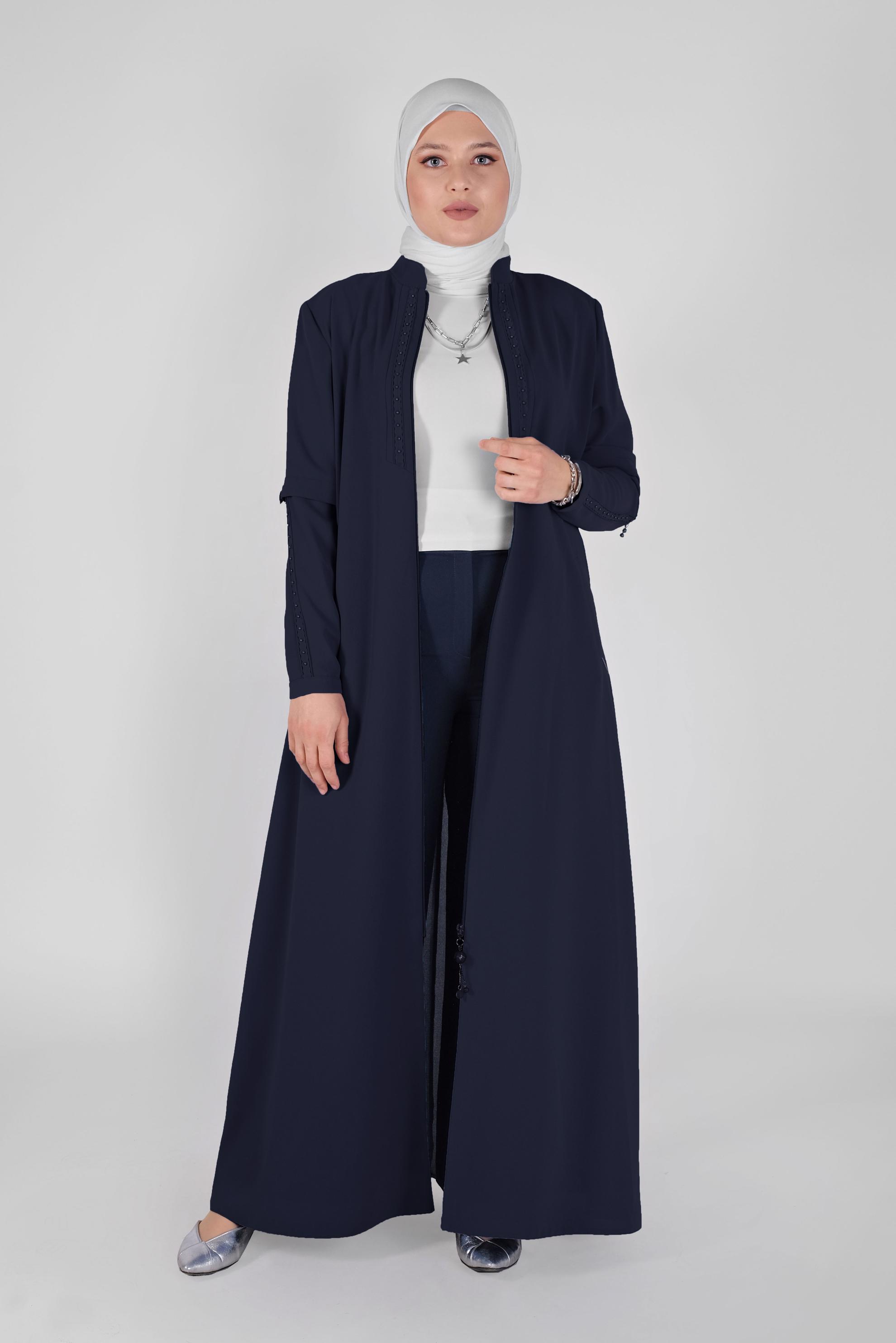 Hijab clothing NAVY BLUE MANDARIN COLLAR BEADED TOPCOAT 10368 