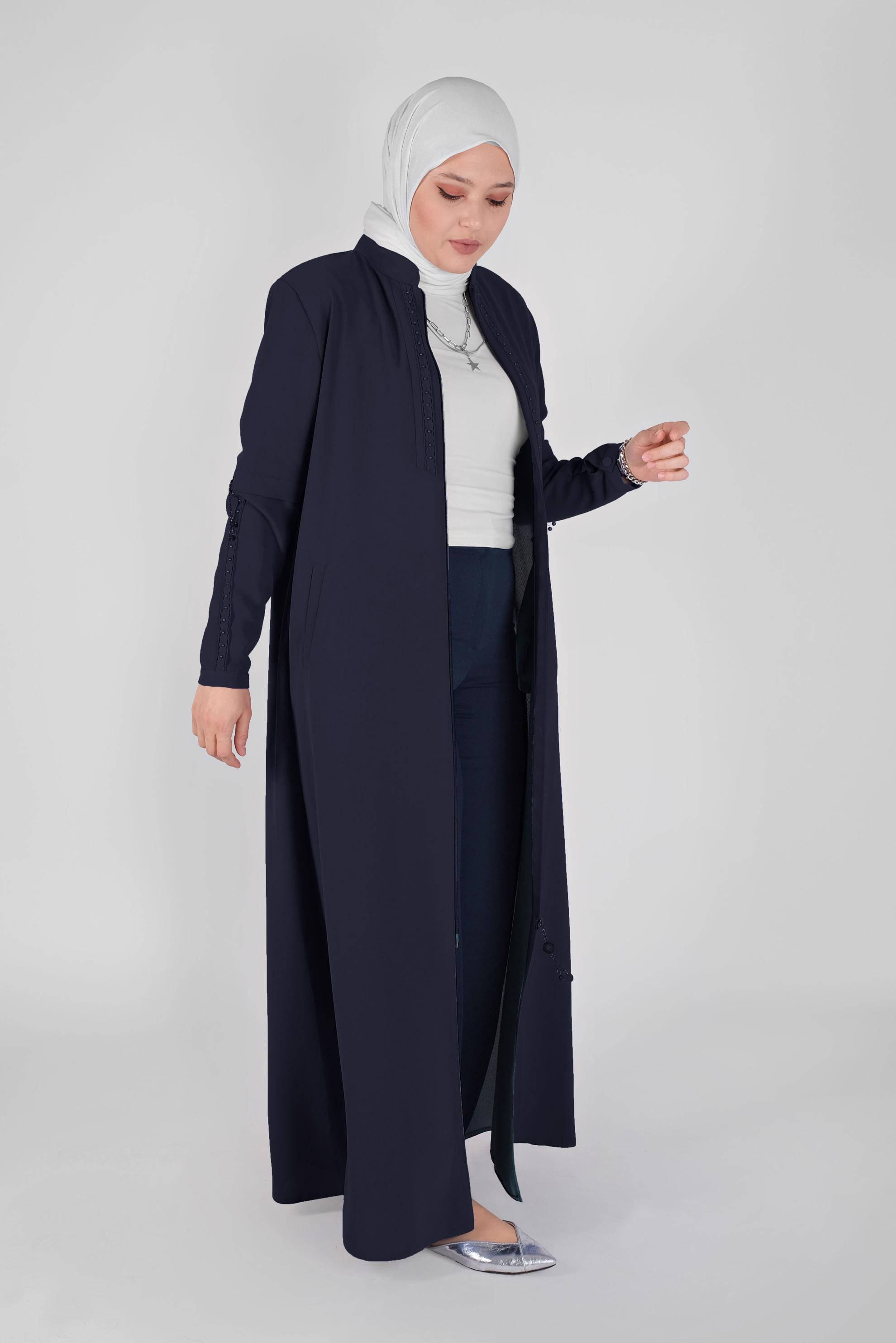 Hijab clothing NAVY BLUE MANDARIN COLLAR BEADED TOPCOAT 10368 