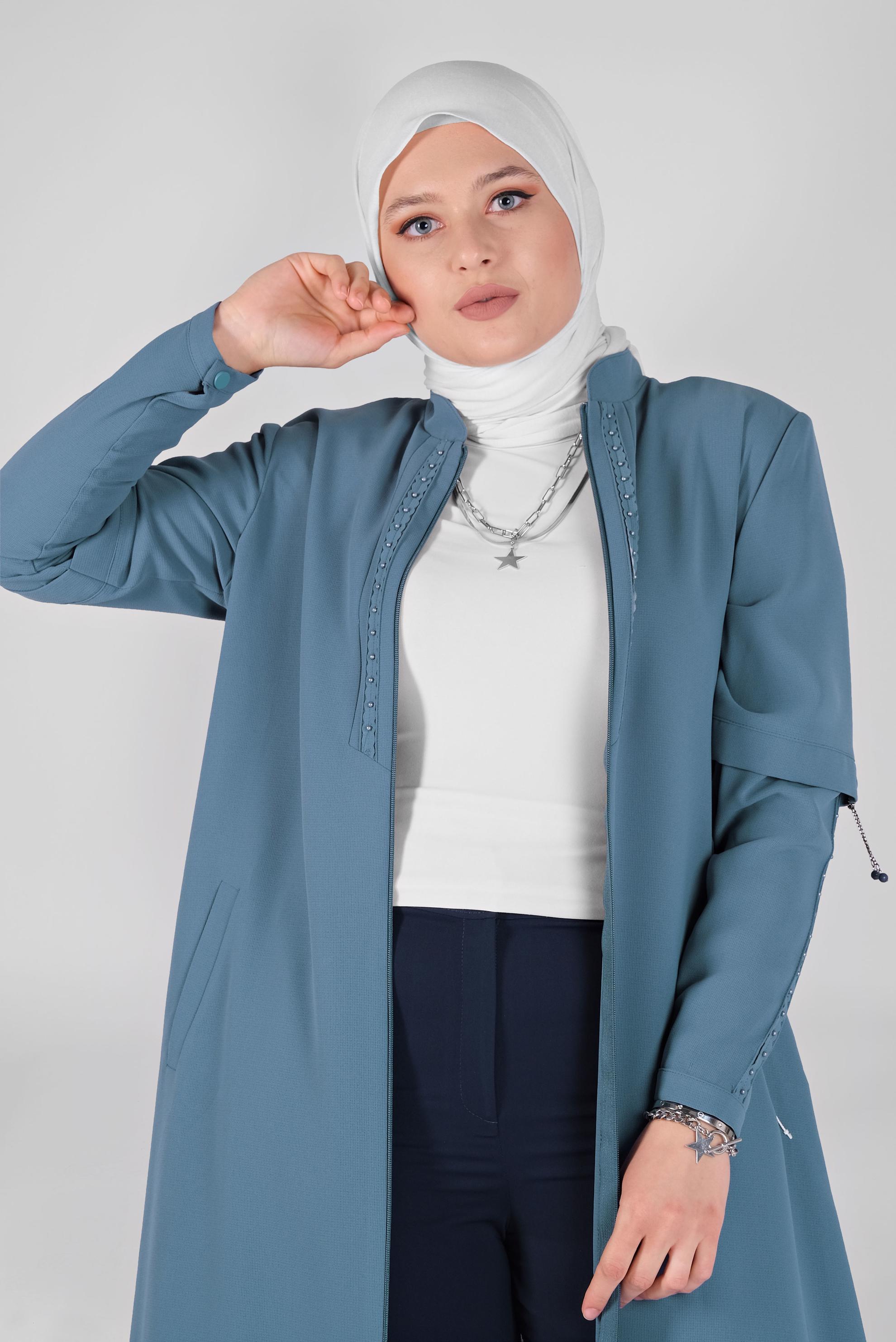 Hijab clothing BLUE MANDARIN COLLAR BEADED TOPCOAT 10368 