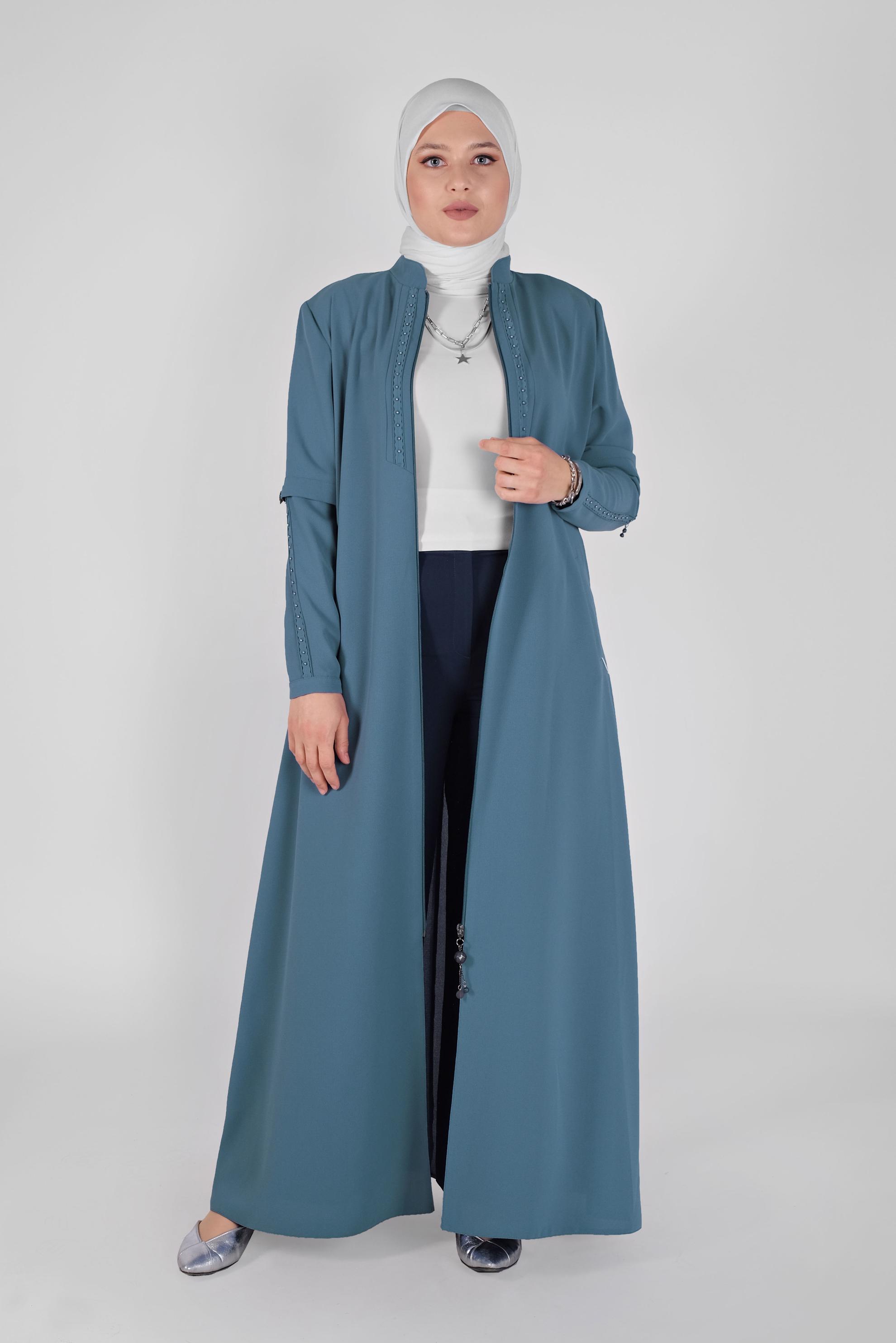 Hijab clothing BLUE MANDARIN COLLAR BEADED TOPCOAT 10368 