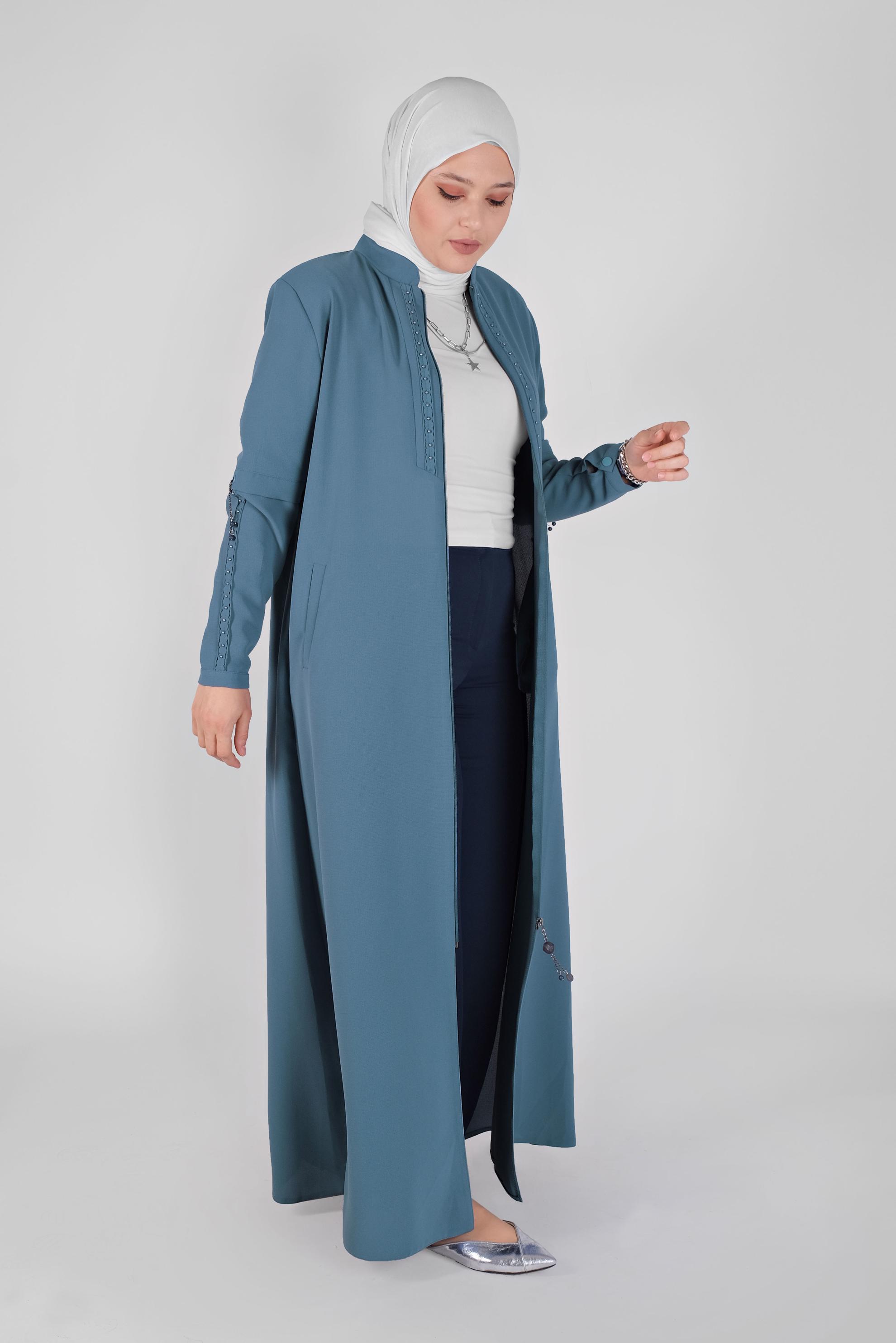Hijab clothing BLUE MANDARIN COLLAR BEADED TOPCOAT 10368 