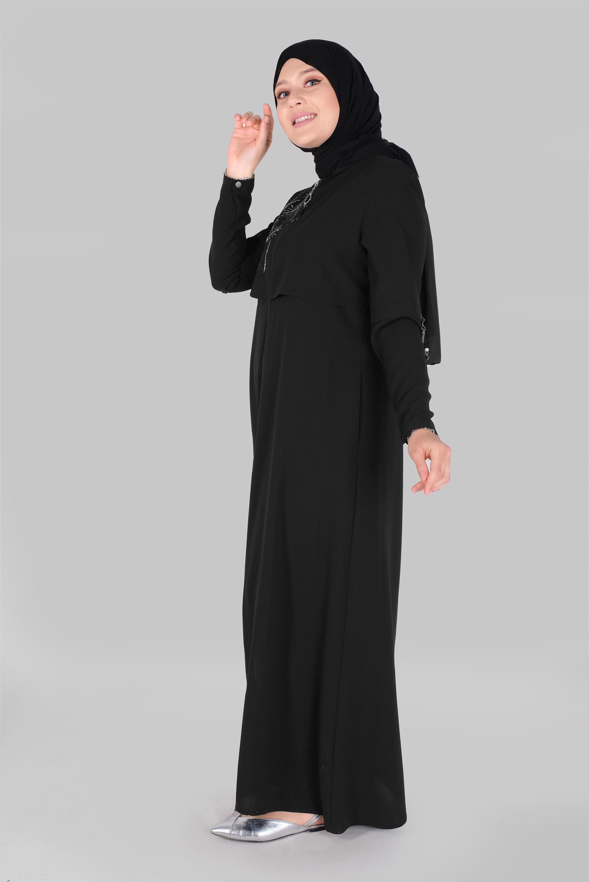 Vêtements hijab NOIR COUCHE DE FINITION BRODÉE À FERMETURE ÉCLAIR 10371 