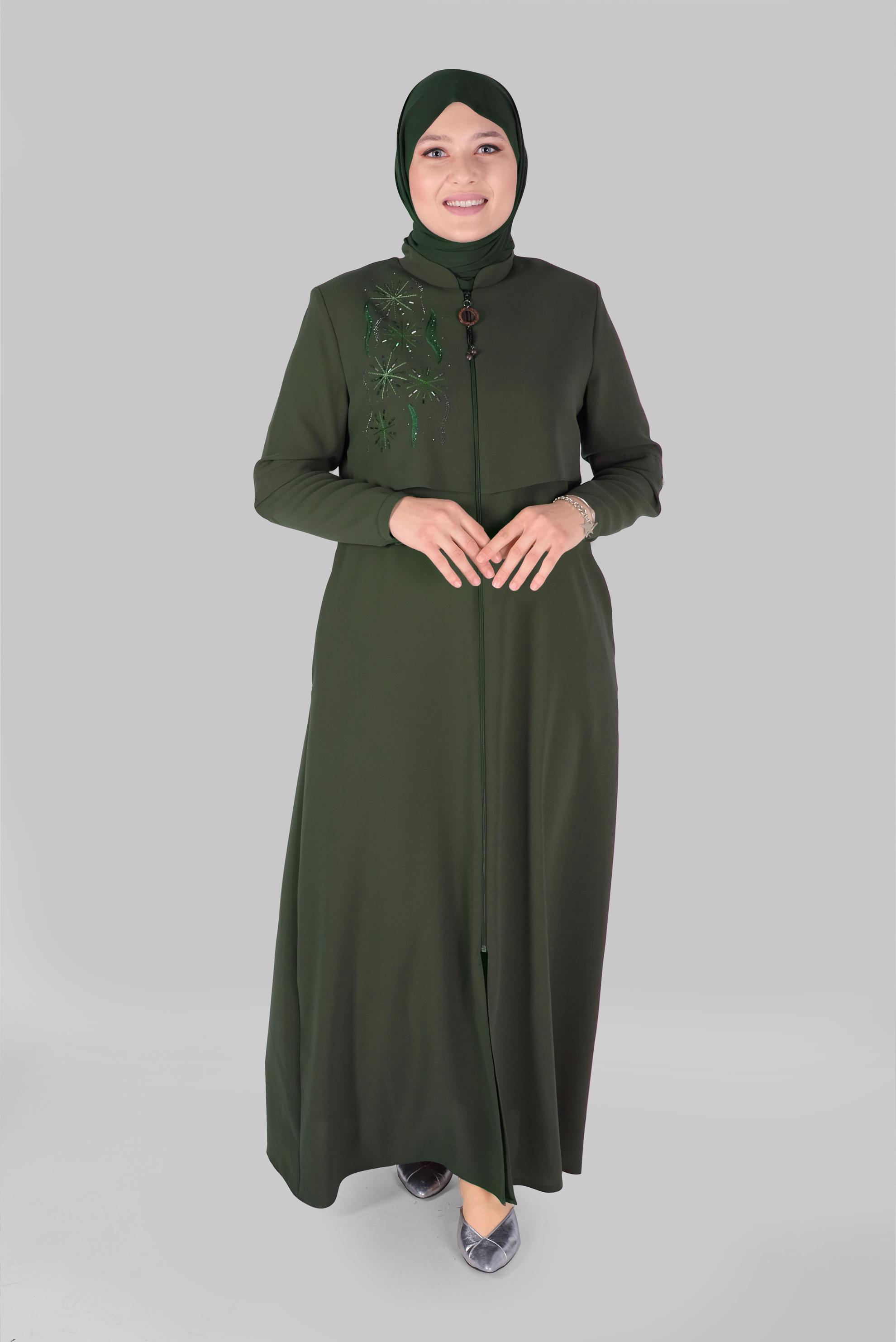 Vêtements hijab KAKI COUCHE DE FINITION BRODÉE À FERMETURE ÉCLAIR 10371 