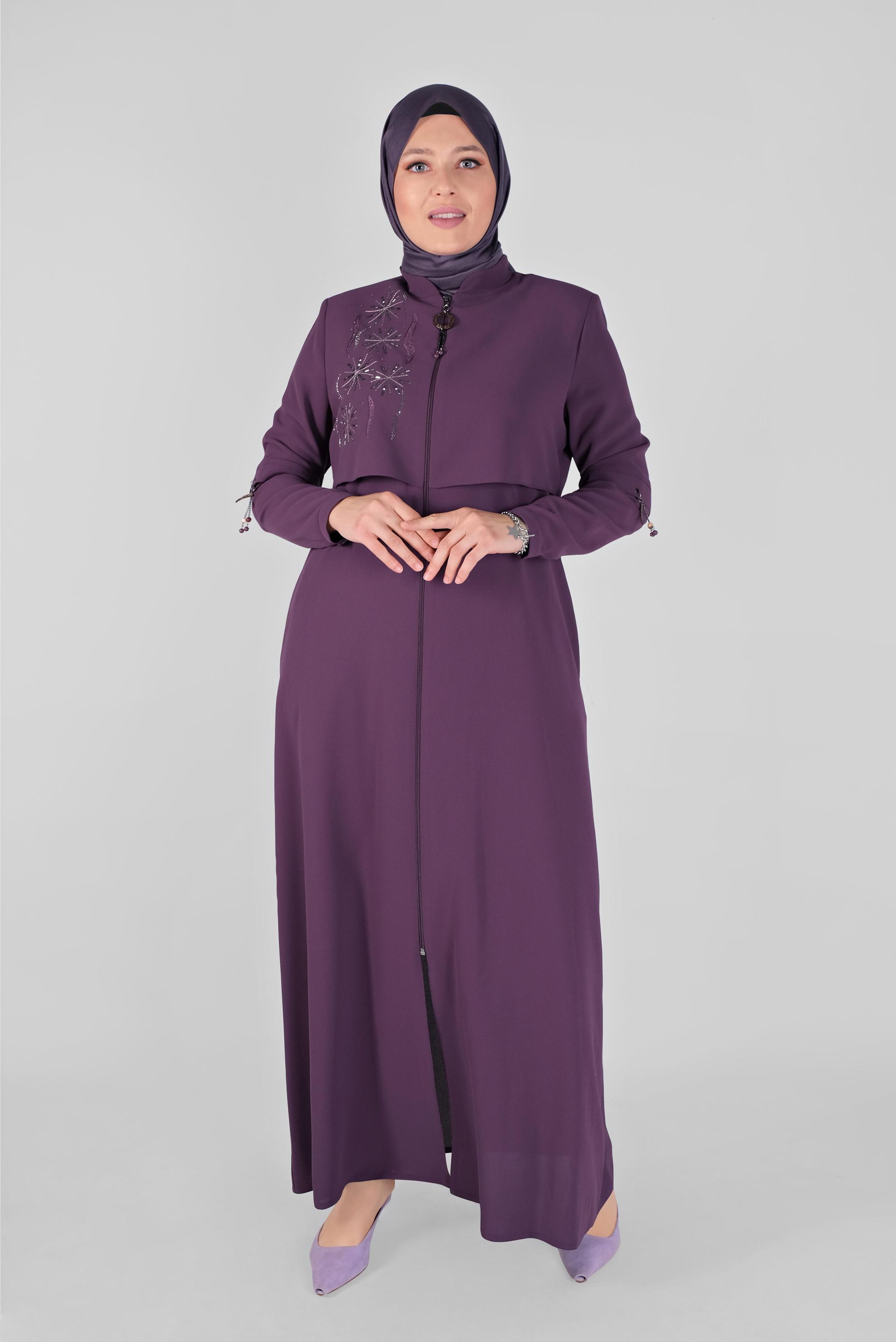Hijab clothing PURPLE EMBROIDERED ZIPPED OVERCOAT 10371 