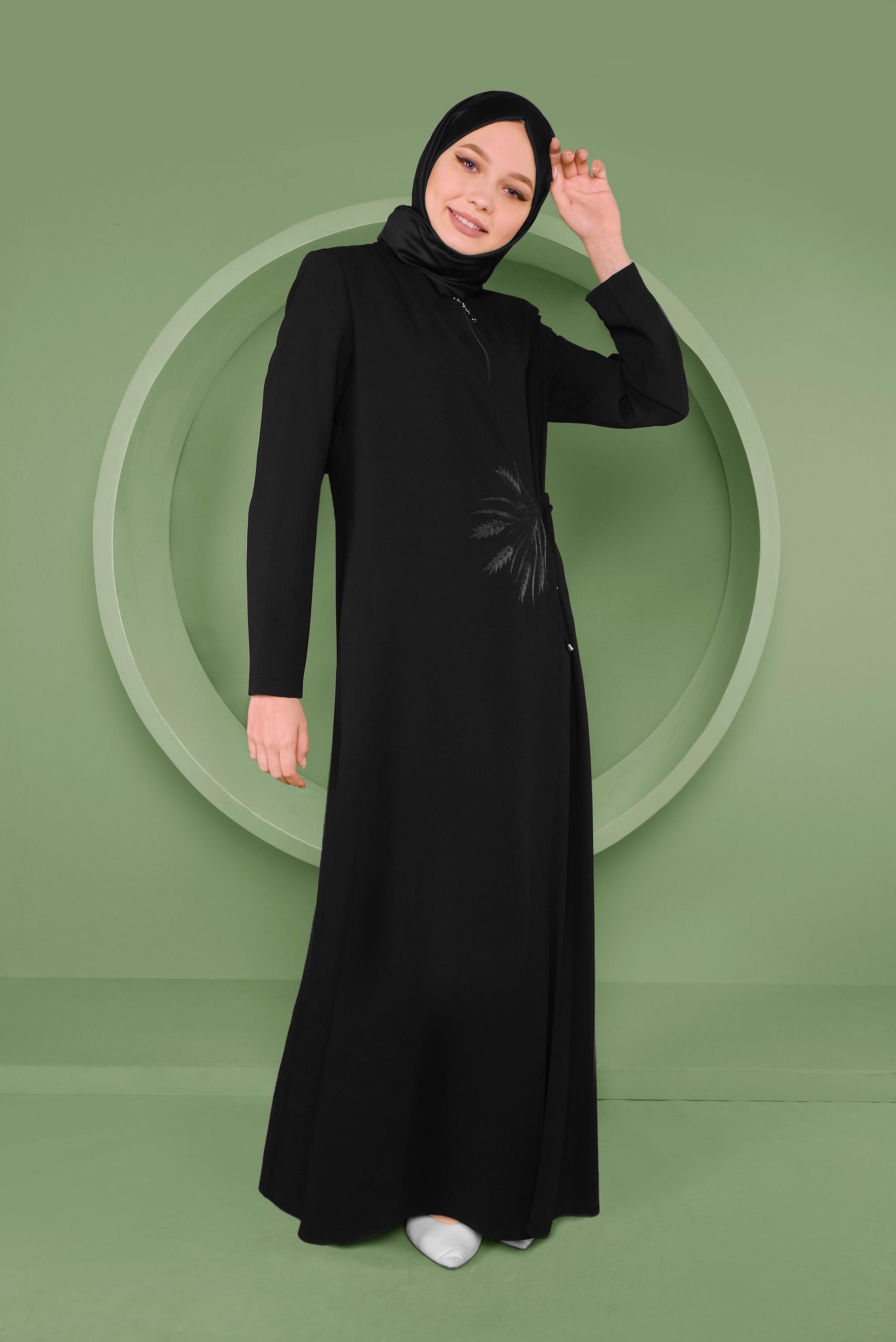 Tesettür giyim SİYAH NAKIŞLI FERMUARLI  PARDESÜ 10375 