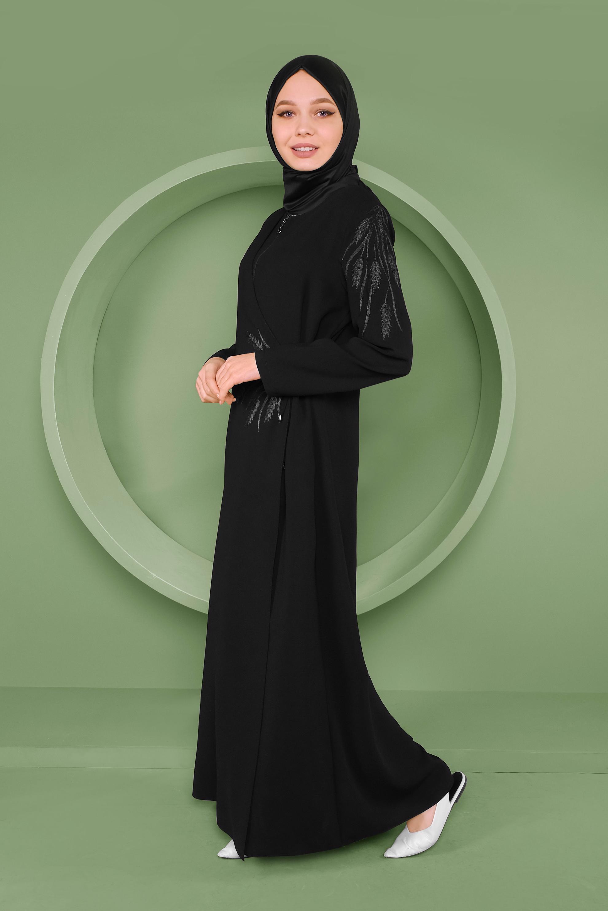 Tesettür giyim SİYAH NAKIŞLI FERMUARLI  PARDESÜ 10375 