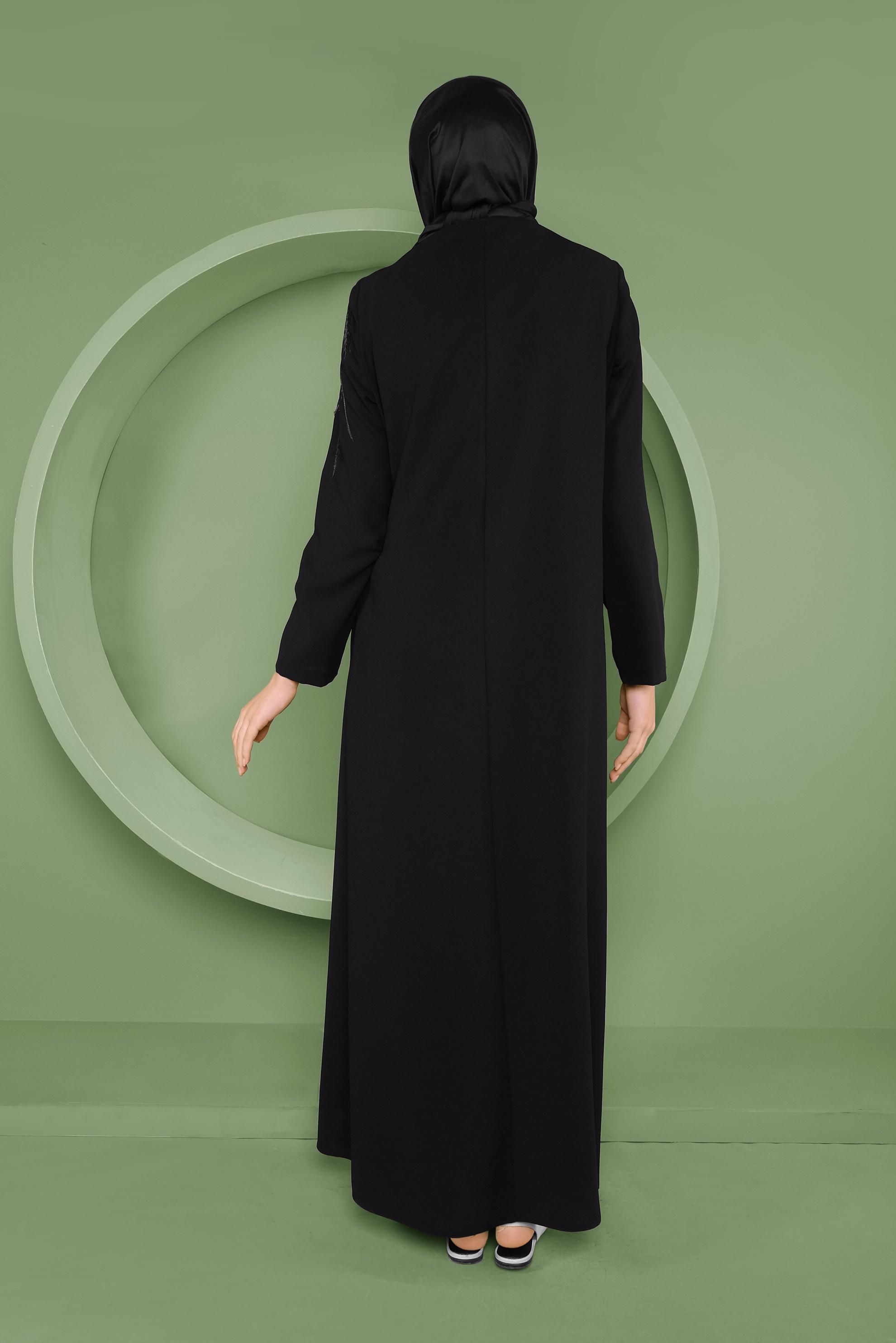 Tesettür giyim SİYAH NAKIŞLI FERMUARLI  PARDESÜ 10375 