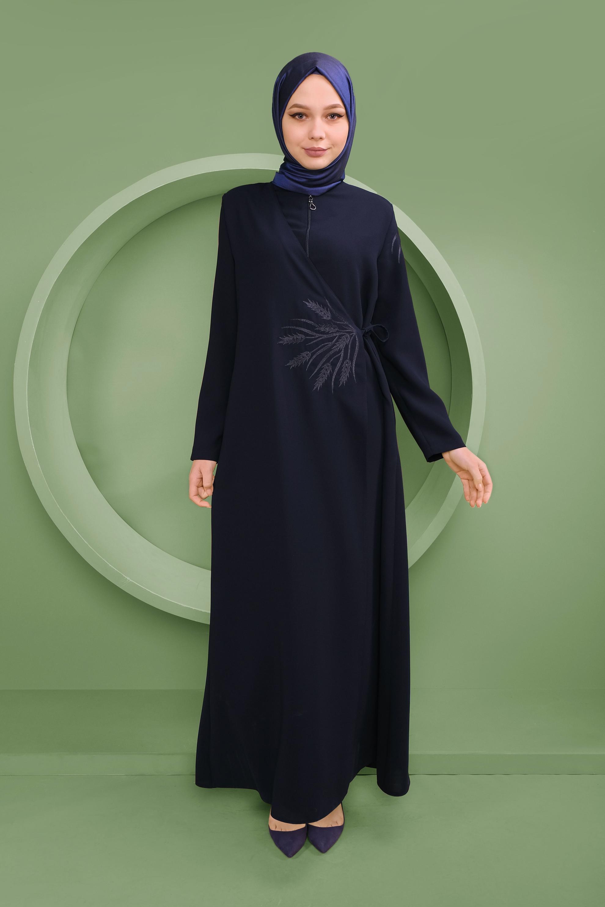 Tesettür giyim LACİVERT NAKIŞLI FERMUARLI  PARDESÜ 10375 