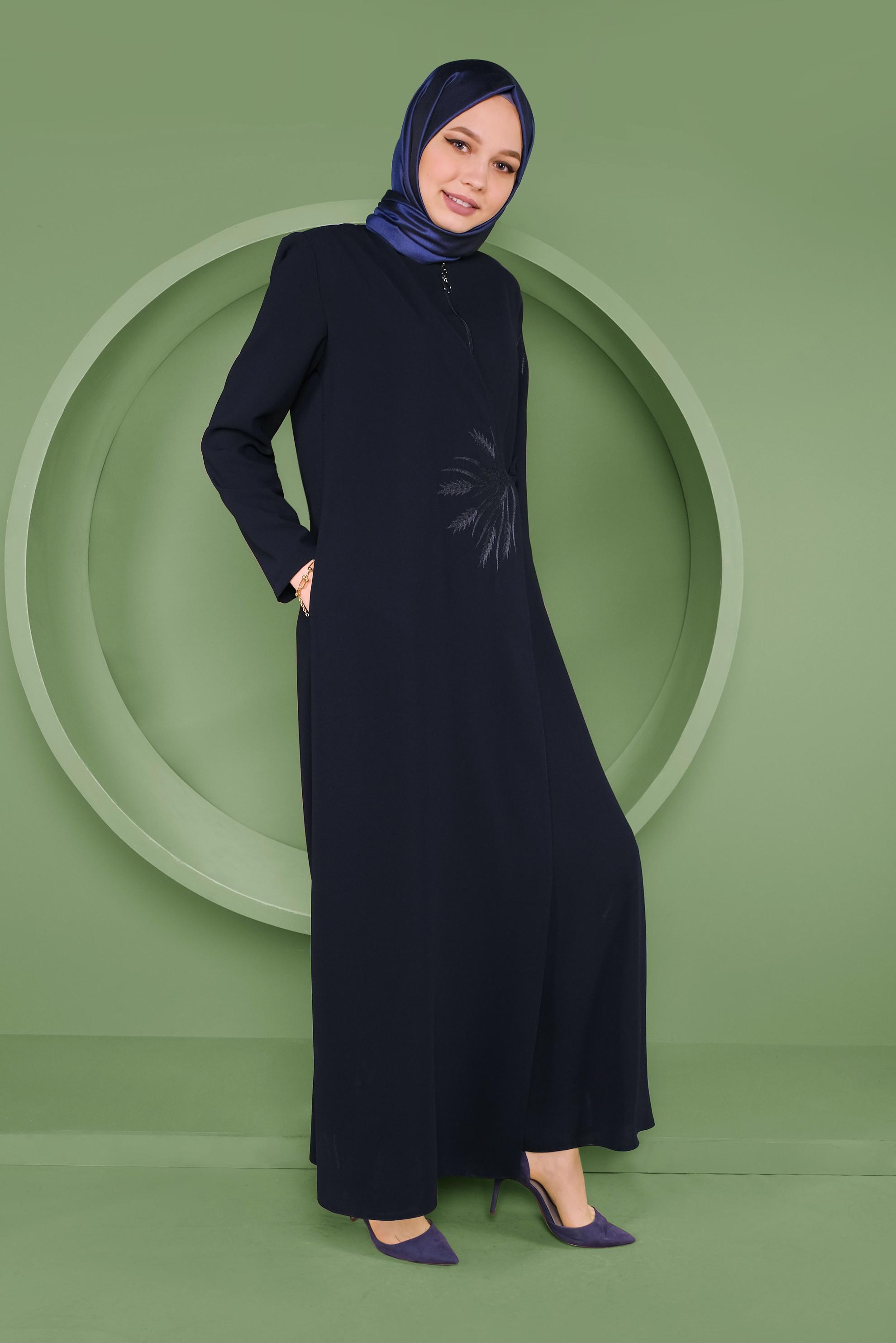 Tesettür giyim LACİVERT NAKIŞLI FERMUARLI  PARDESÜ 10375 