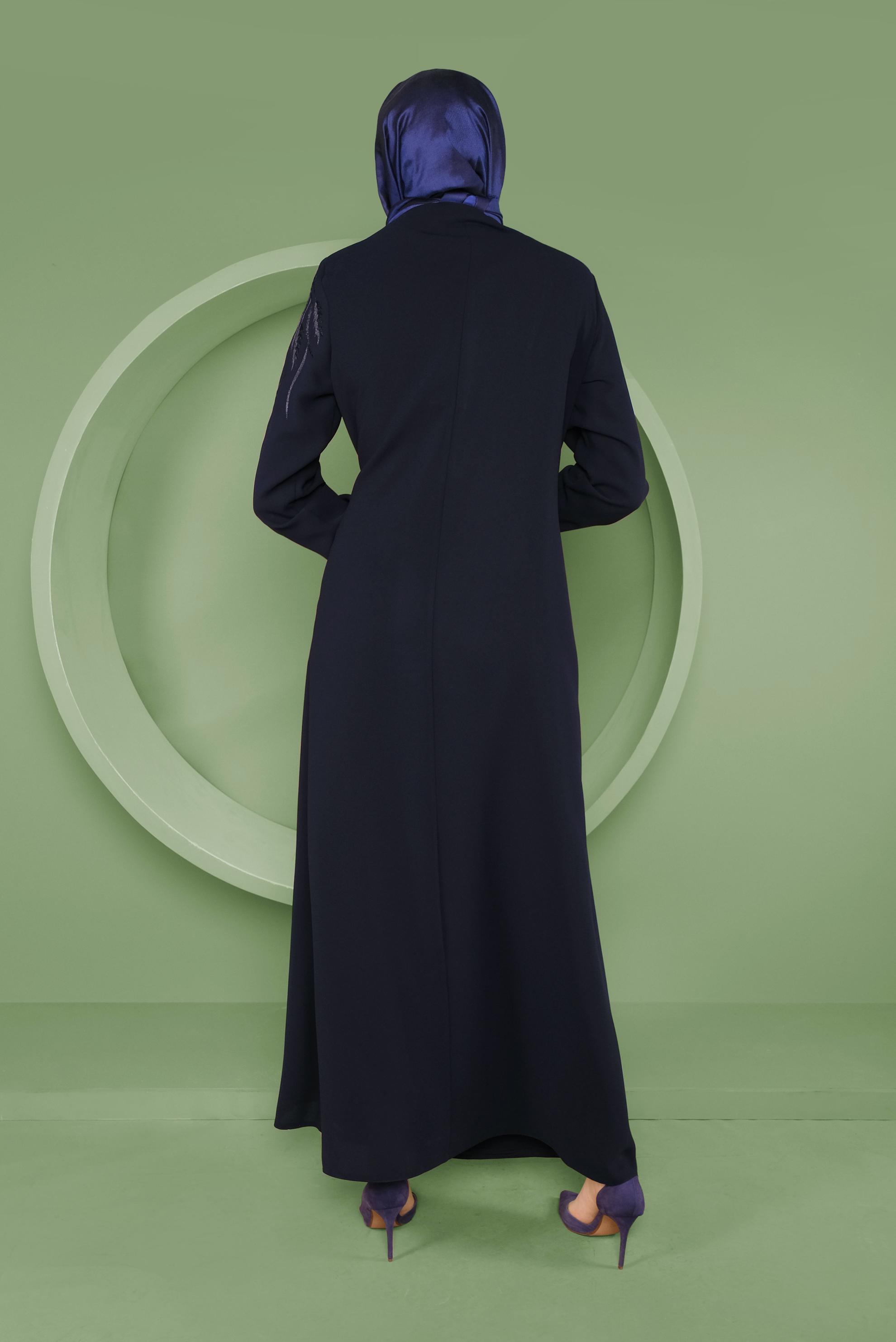 Tesettür giyim LACİVERT NAKIŞLI FERMUARLI  PARDESÜ 10375 