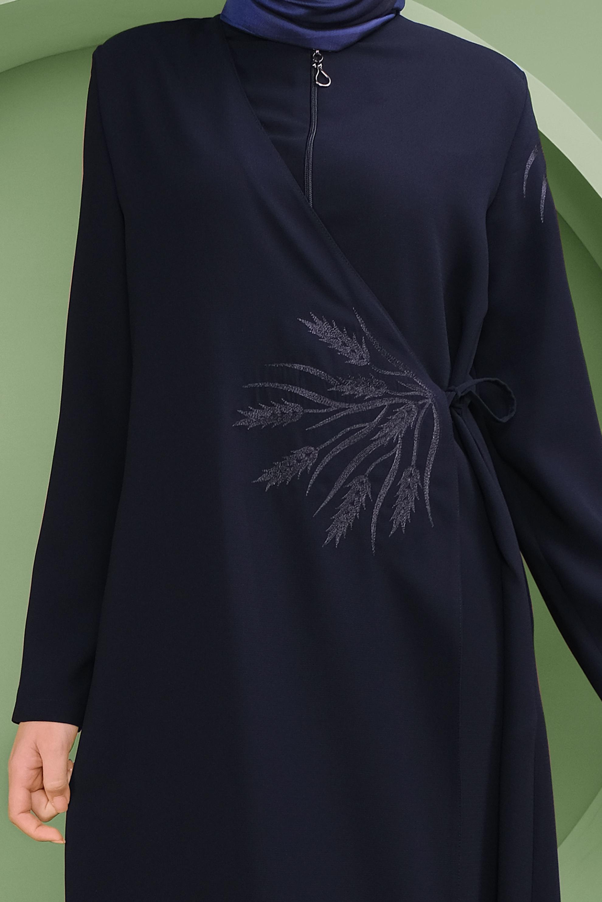 Tesettür giyim LACİVERT NAKIŞLI FERMUARLI  PARDESÜ 10375 